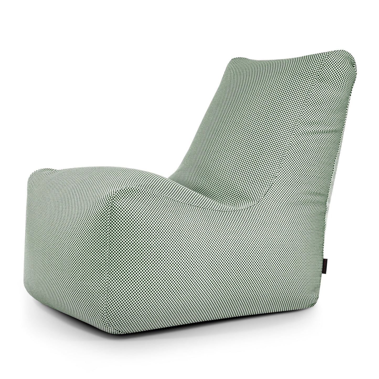 El Bean bag Seat Capri - uso exteriores es un moderno sillón sin brazos con tejido texturizado en verde y blanco, asiento bajo y respaldo reclinado, perfecto como sillón ergonómico para relajarse en interiores o asiento para exteriores.
