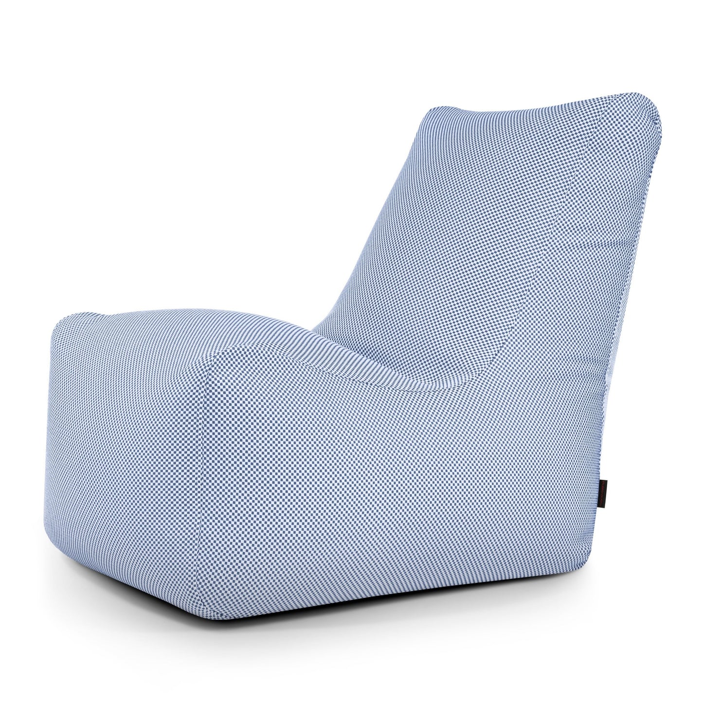 El Bean bag Seat Capri - uso exteriores es una silla ergonómica con motivos azules y blancos, respaldo alto y sin reposabrazos, que se muestra sobre un fondo blanco liso.