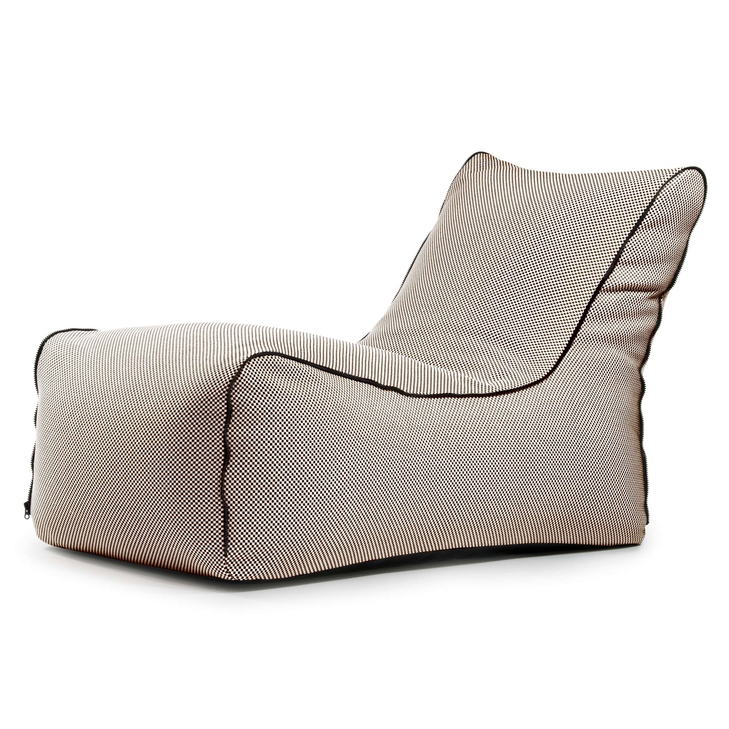 La Bean bag Lounge Zip Capri es una moderna tumbona de perfil bajo para exteriores, con tejido estampado en beige y negro, suaves bordes redondeados y un diseño ergonómico para mayor comodidad.