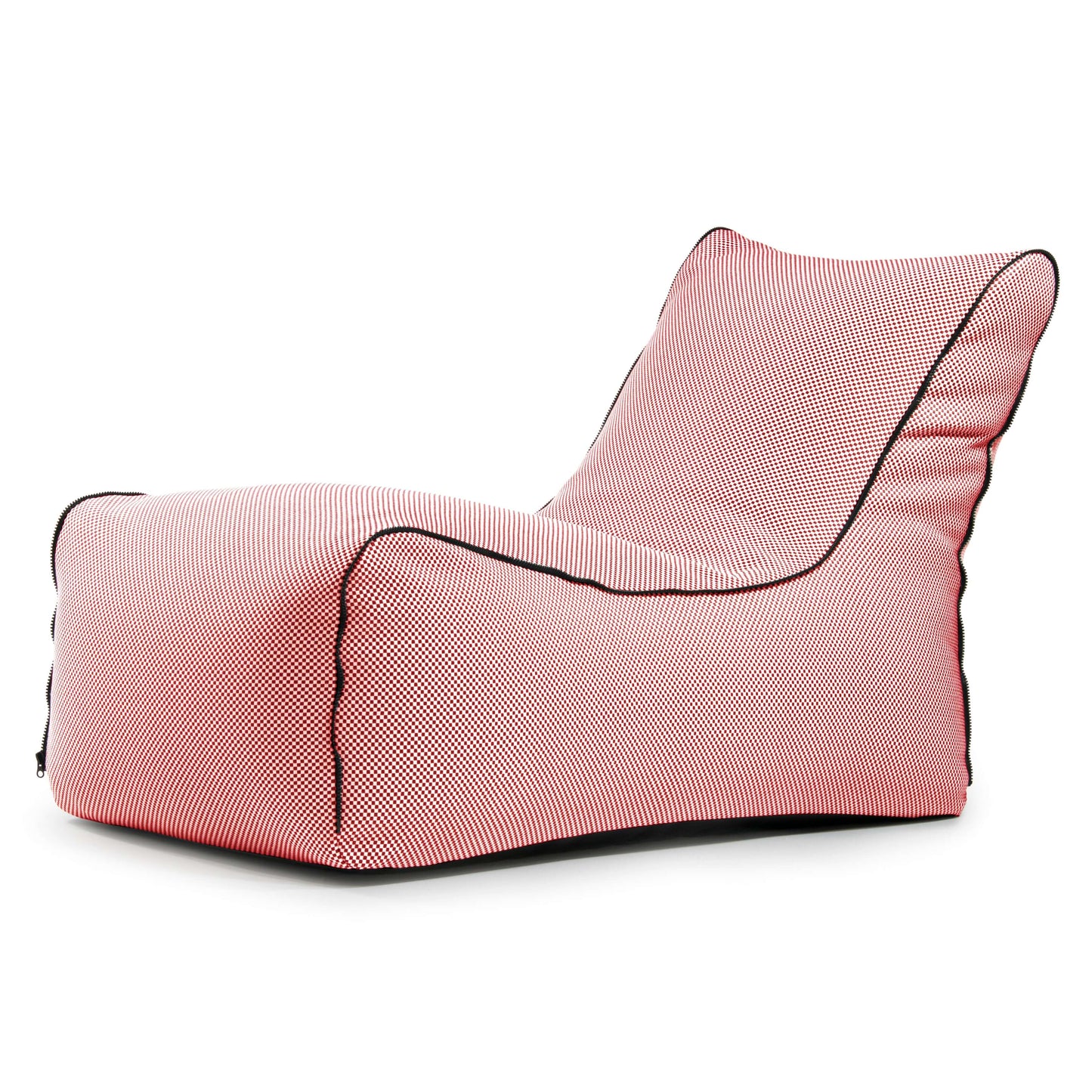El Bean bag Lounge Zip Capri - uso exterior presenta rayas rojas y blancas con ribetes negros, un perfil bajo y moderno, y suaves contornos acolchados para un asiento ergonómico.