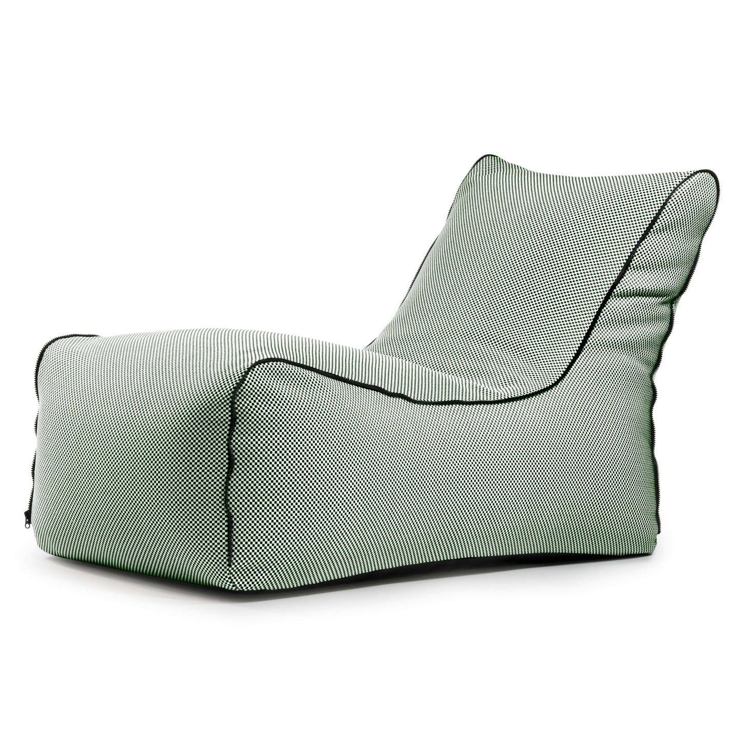 El Bean bag Lounge Zip Capri - uso exterior presenta una funda texturizada en blanco y negro con bordes negros, un diseño sin brazos y un estilo modular puff para una solución de asiento ergonómica y elegante, perfecta para descansar en interiores o exteriores.