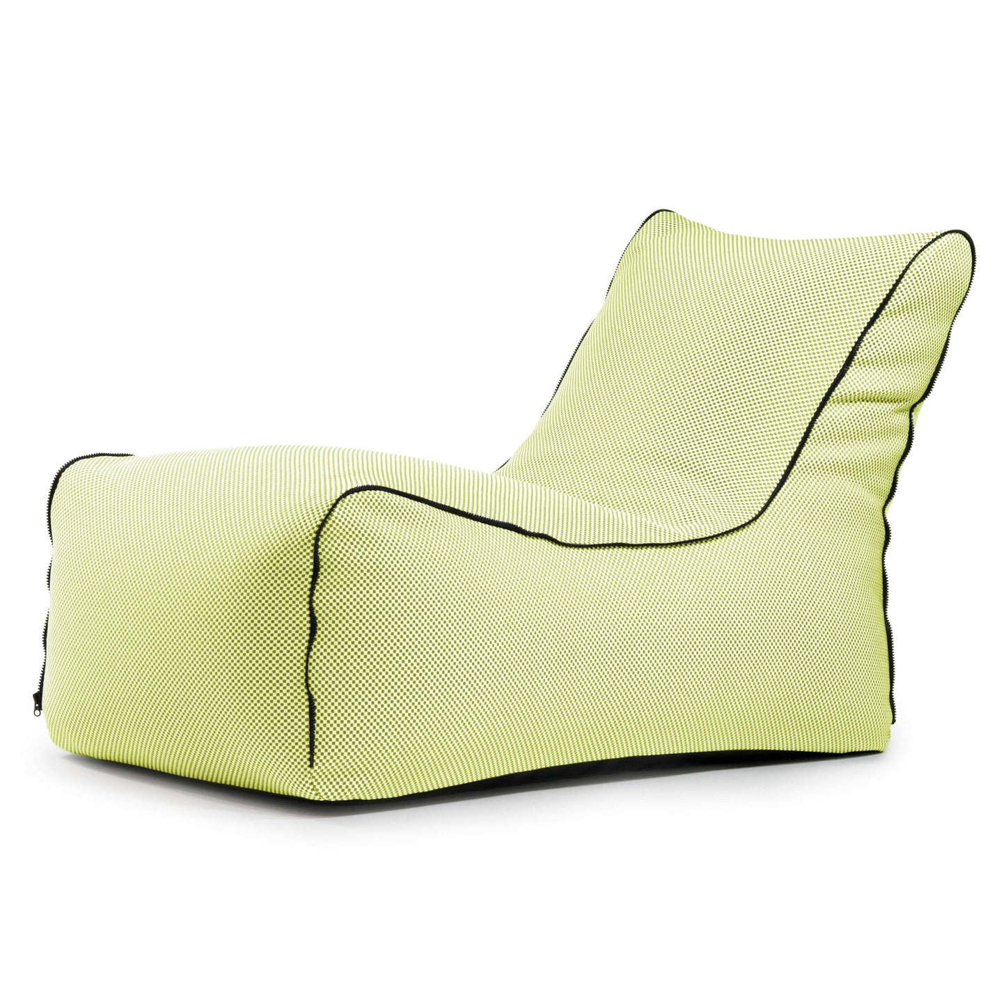 El Bean bag Lounge Zip Capri - uso exterior es un moderno sillón de color verde claro con ribetes negros, con respaldo alto y asiento inclinado para mayor comodidad ergonómica, sobre fondo blanco.