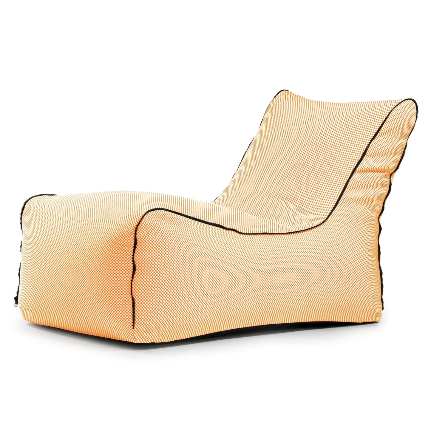 El Bean bag Lounge Zip Capri - uso exterior presenta modernas rayas naranjas y blancas, un asiento bajo, respaldo en ángulo y un elegante ribete negro para mayor comodidad, perfecto para relajarse al aire libre.