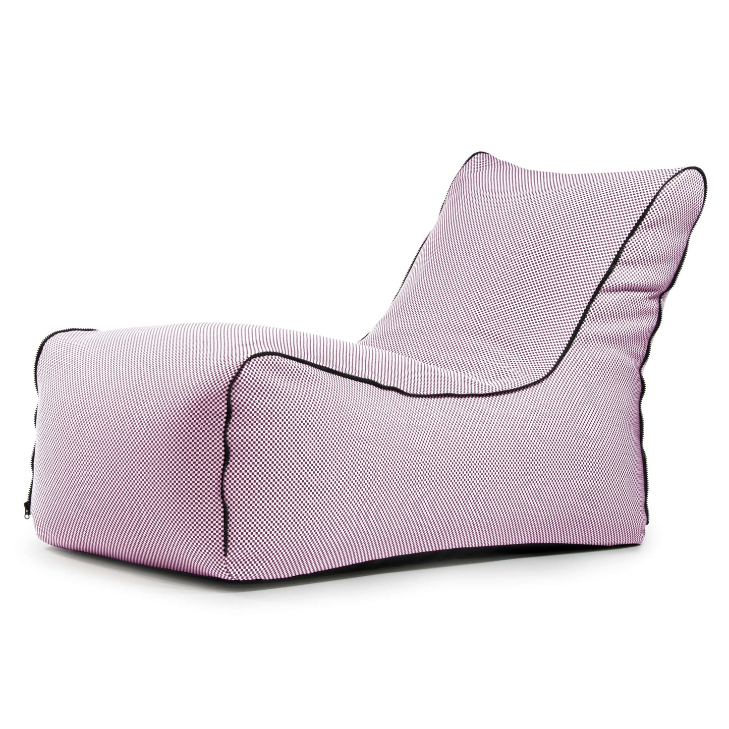 La Bean bag Lounge Zip Capri - uso exterior es una moderna tumbona rosa con ribete negro y respaldo ligeramente reclinado, que ofrece un asiento ergonómico para exteriores sobre un fondo blanco.