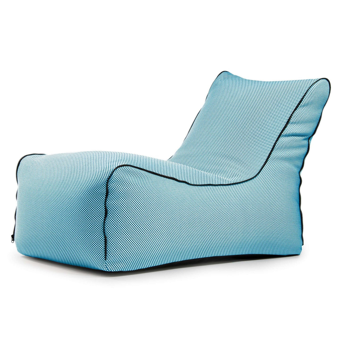 La Bean bag Lounge Zip Capri - uso exterior es una moderna tumbona de color azul claro con respaldo alto, bordes ribeteados en negro y asiento ergonómico para mayor comodidad.