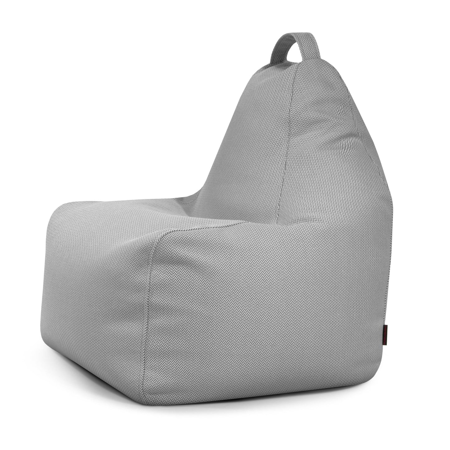 Un Bean bag Play Canaria gris claro, forrado de tela - uso exteriores con un respaldo alto y asa de transporte superior, perfecto como puff para niños y adultos.