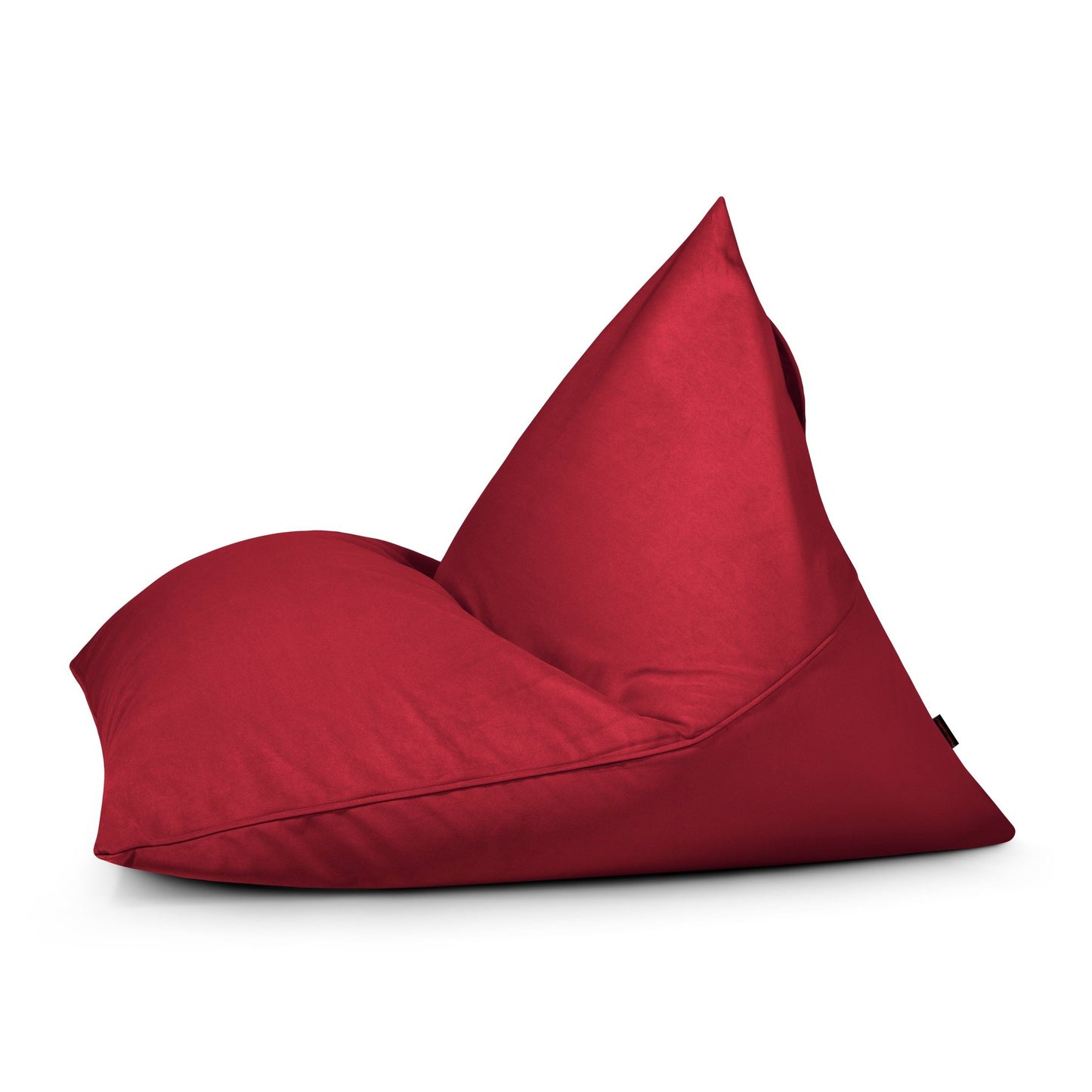 Un Bean bag puff juvenil de terciopelo velour 110×130×90 cm RAZZ BARCELONA, mostrado de lado con un respaldo triangular, aparece sobre un fondo blanco.