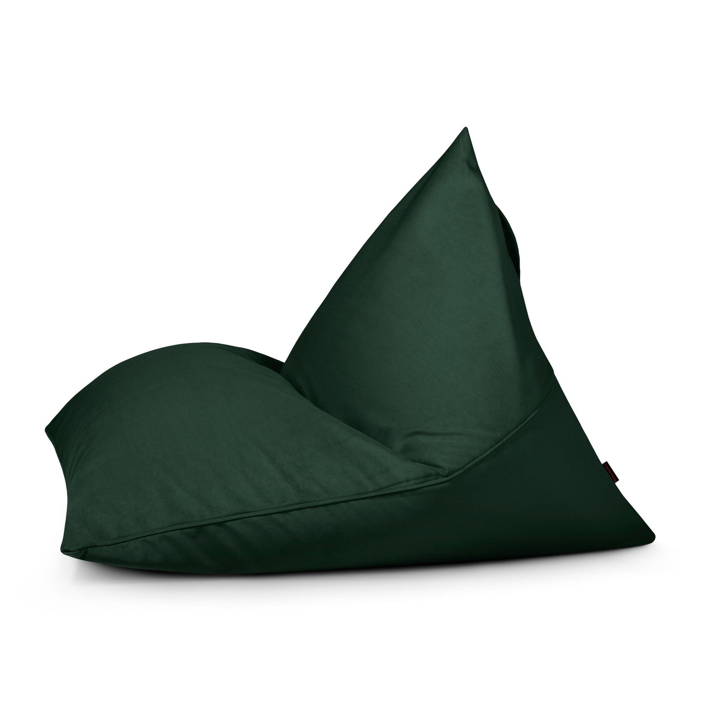 Un Bean bag puff juvenil de terciopelo velour 110×130×90 cm RAZZ BARCELONA de color verde oscuro, con un moderno diseño triangular, se presenta sobre un fondo blanco-ideal para salón, dormitorio o chill-out.