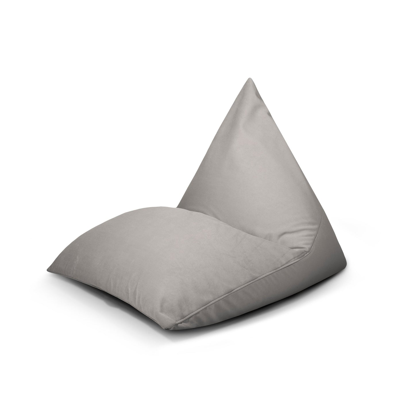 Un puff Bean bag juvenil 110×130×90 cm de RAZZ BARCELONA de terciopelo gris con respaldo inclinado se coloca sobre un fondo blanco liso, ideal para salones modernos, dormitorios o espacios chill-out.