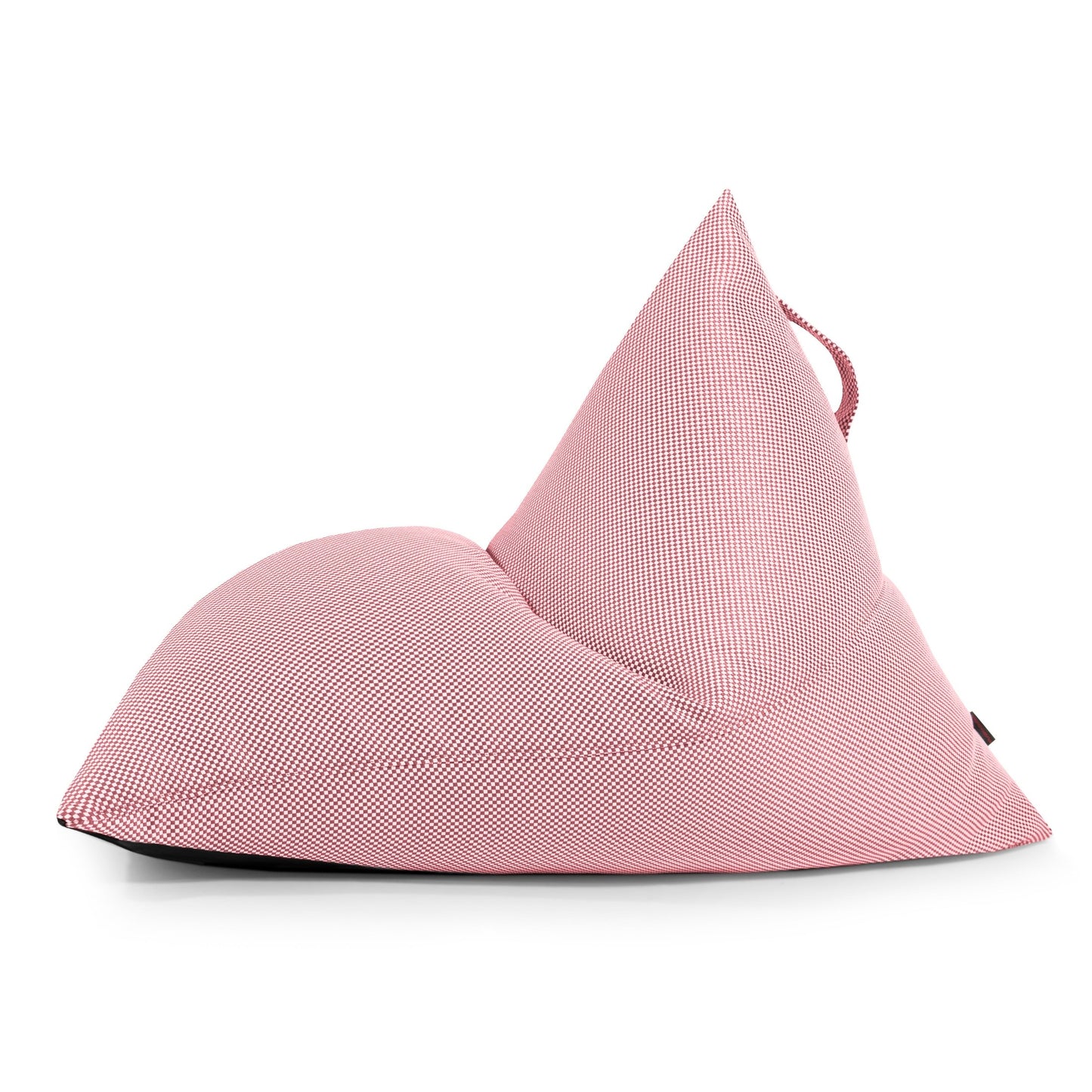 Se muestra un Bean Bag Puff Juvenil RAZZ CAPRI triangular rosa (110×130×90 cm), de tejido hidrófugo con asa en la parte superior y funda OEKO-TEX, sobre fondo blanco.