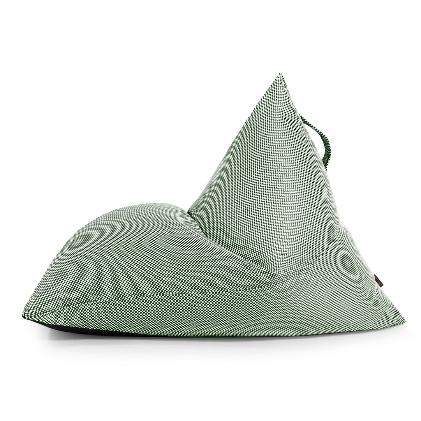 Puff bean bag juvenil triangular verde de tela repelente al agua (110×130×90 cm), diseño moderno RAZZ CAPRI, con funda OEKO-TEX y asa superior, ideal para exterior. Perfecto para asientos versátiles y estilo.