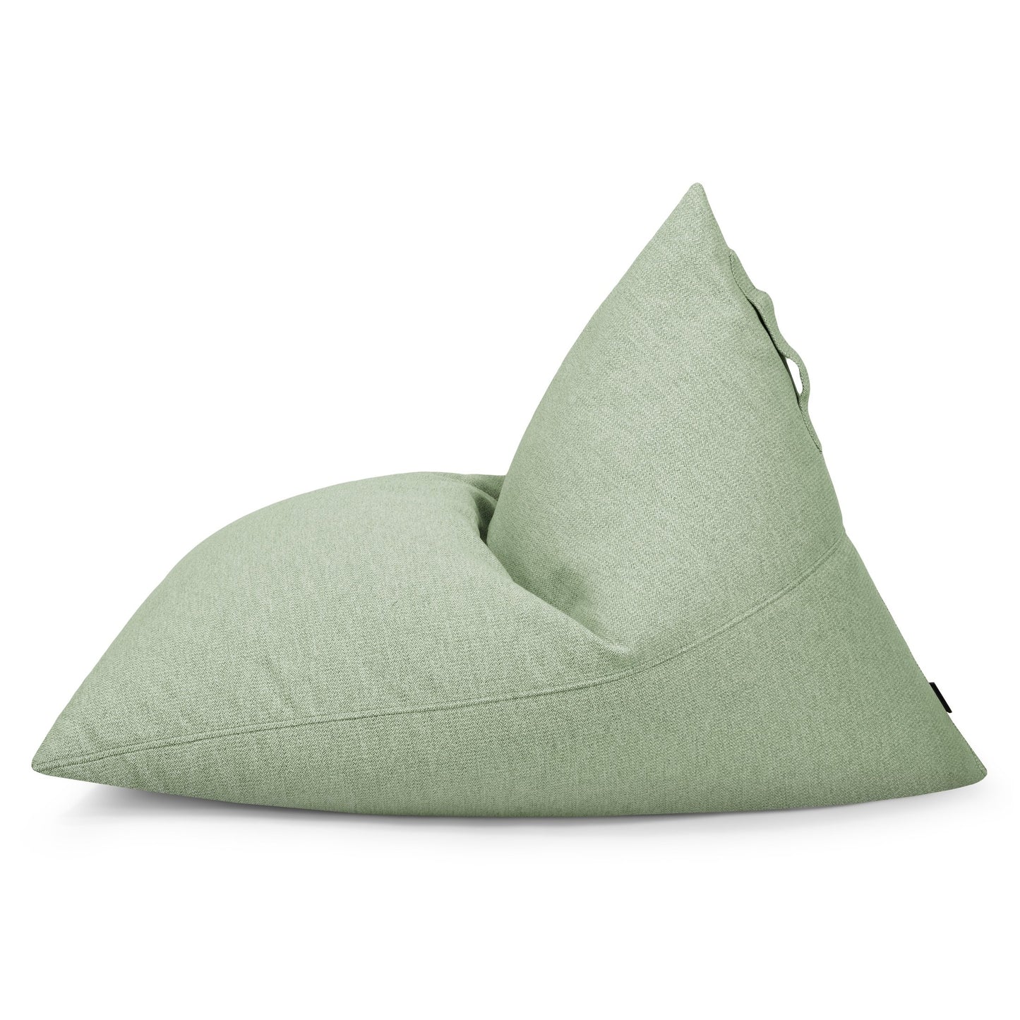 A light green RAZZ DUNES bean bag puff juvenil de tela repelente al agua (110×130×90 cm), moderno y para exterior, con asa superior y asiento ergonómico, mostrado de lado sobre fondo blanco.