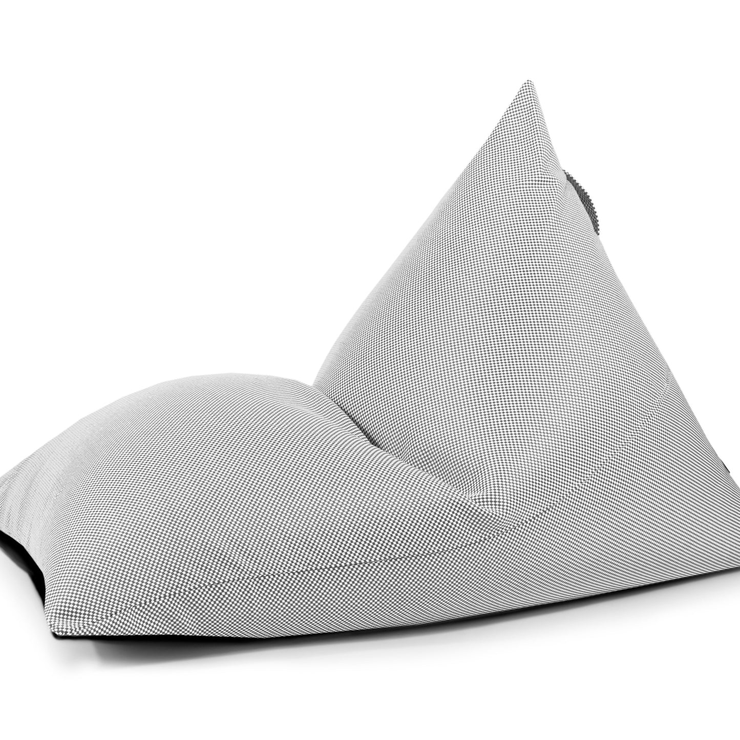Un bean bag puff grande RAZZMATAZZ CAPRI de tela gris repelente al agua y antimanchas (155×120×95 cm) se muestra en ángulo sobre fondo blanco, ofreciendo un asiento ergonómico ideal para relajarse o disfrutar al aire libre.
