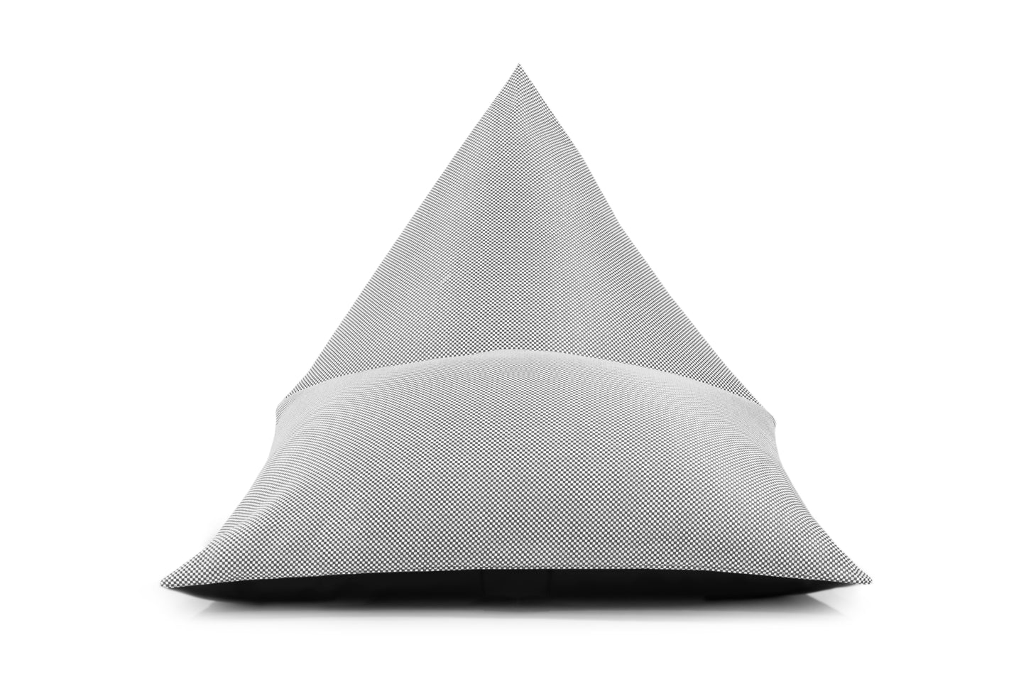 Un Bean bag puff gris, piramidal grande RAZZMATAZZ CAPRI (155×120×95 cm) de tela repelente al agua y antimanchas, moderno y ergonómico para exterior, mostrado de frente sobre fondo blanco.