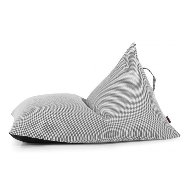 A gris Bean bag puff infantil de tela repelente al agua para exterior (75×110×65 cm), modelo moderno RAZZY CAPRI, con respaldo triangular y asa superior, ideal como asiento ergonómico para niños y puf infantil.