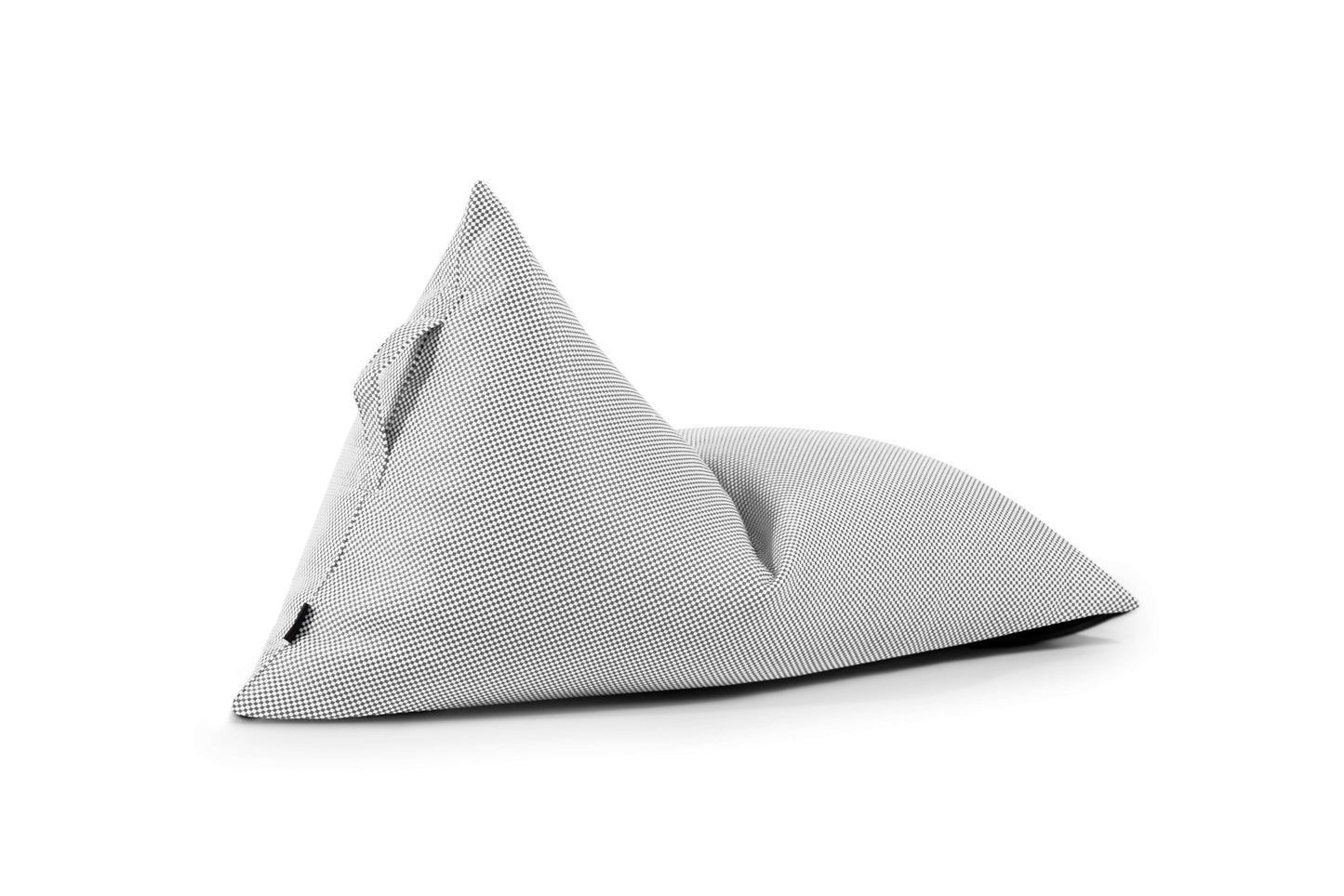 A gray Bean bag puff infantil RAZZY CAPRI (75×110×65 cm) de tela repelente al agua, moderno y ergonómico, ideal como asiento para niños en exterior, se muestra sobre fondo blanco.