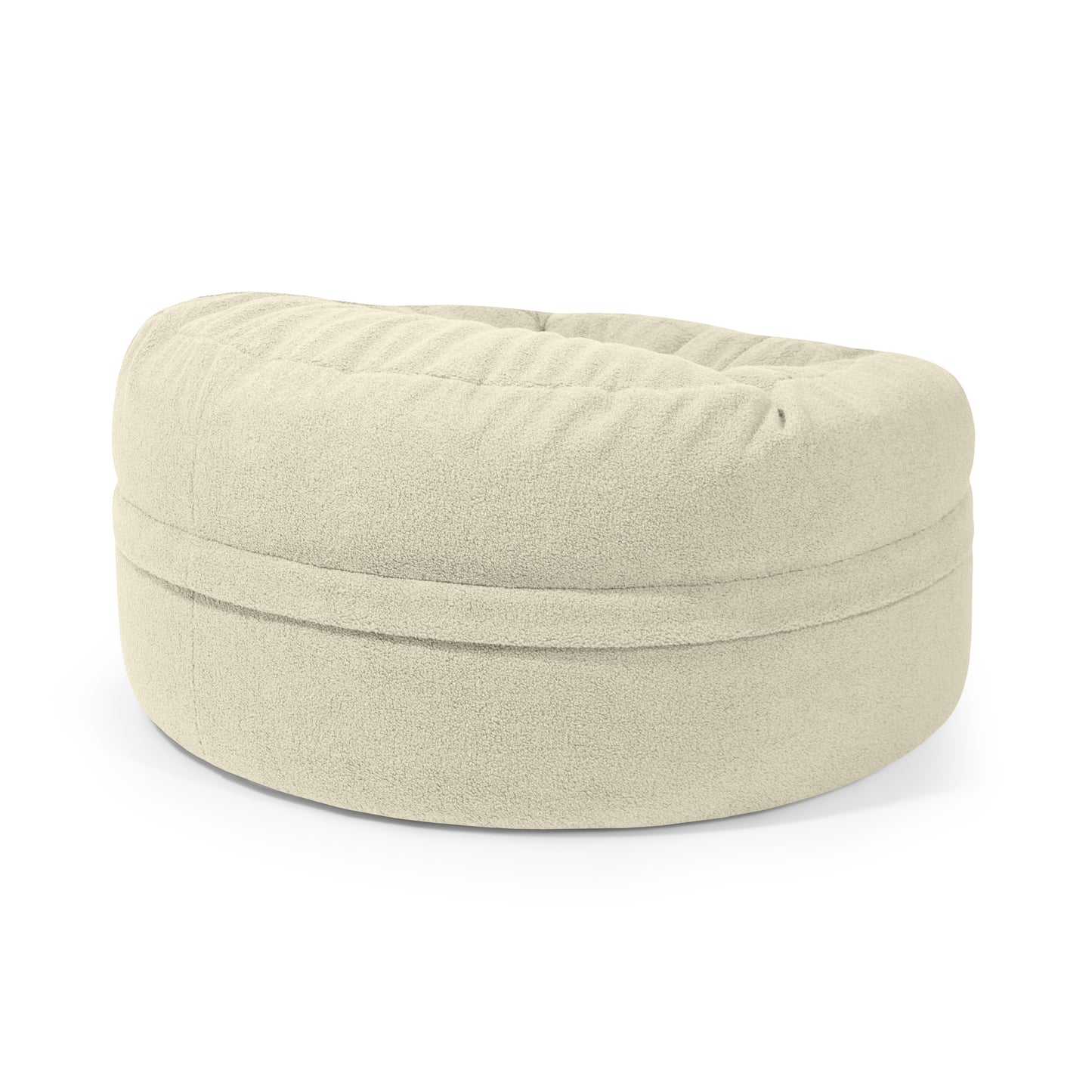 El Puff grande redondo de tejido borreguito ROLL 105 TEDDY (105×105×50 cm) es un asiento cómodo y moderno con tela suave beige y superficie ligeramente hundida, ideal para interiores, mostrado sobre fondo blanco.