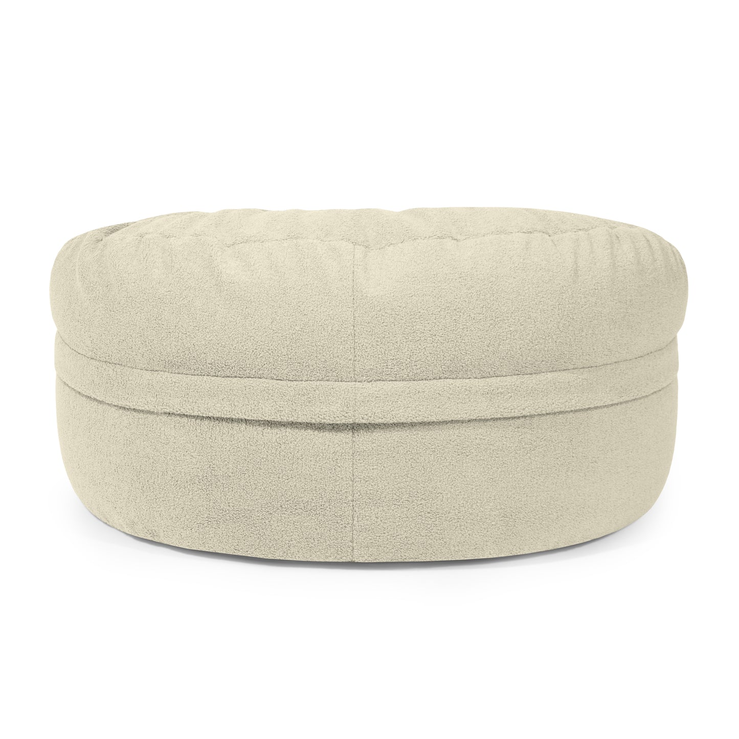 Puff redondo de tela de borreguito beige con superficie afelpada y texturizada y costura visible: este Puff grande redondo (105×105×50 cm) es un cómodo asiento inspirado en el moderno ROLL 105 TEDDY para uso en interiores.