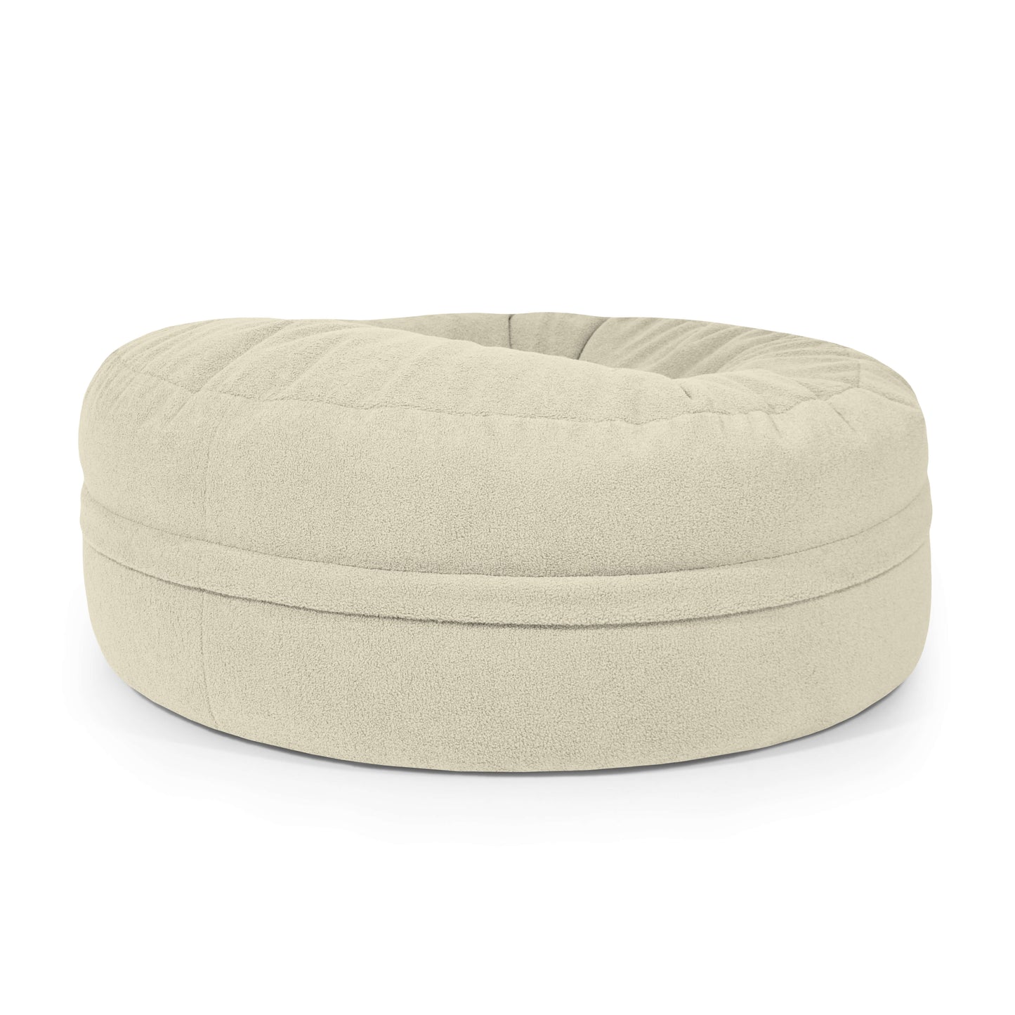 El Puff gigante redondo de tejido borreguito ROLL 135 TEDDY (135×135×50 cm) es un moderno lecho para mascotas beige con borde elevado, ideal para el salón. Combina comodidad y estilo, perfecto para quienes buscan mobiliario funcional en casa.