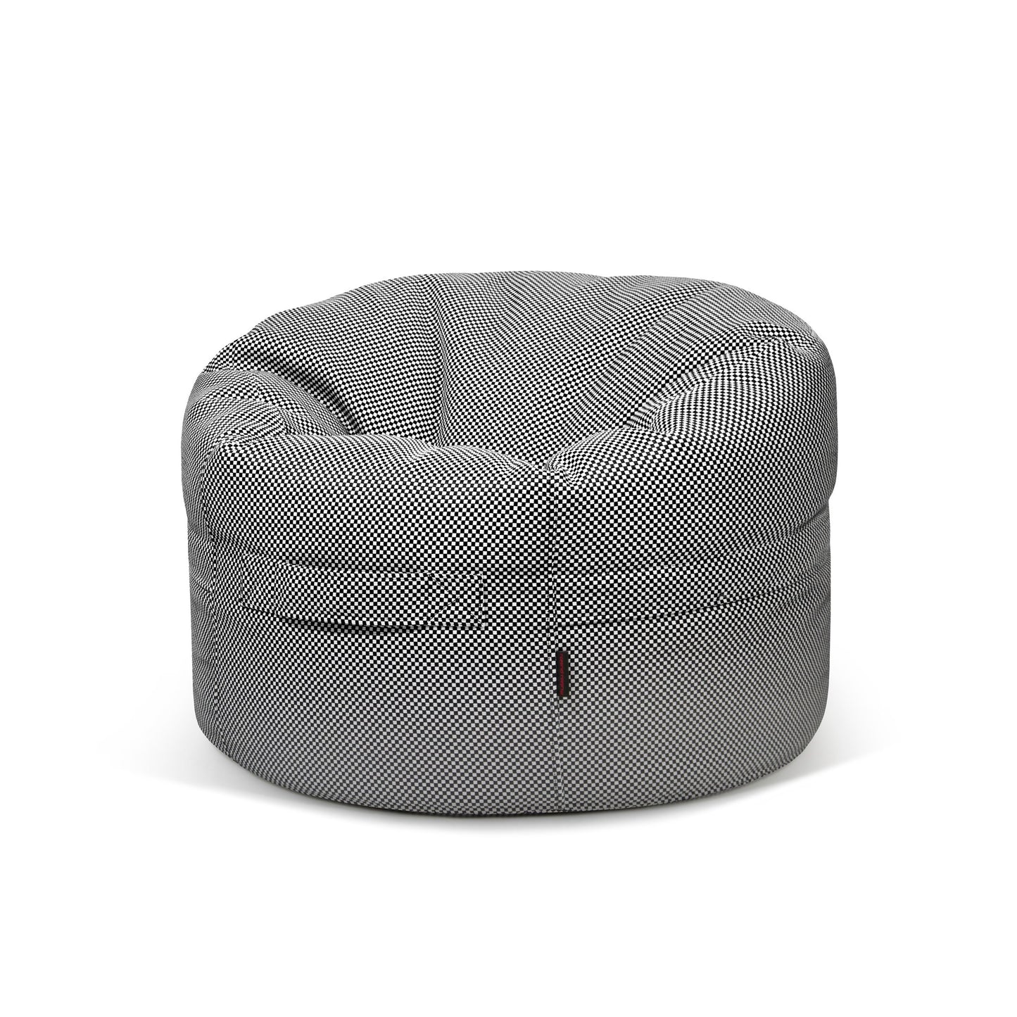 El Bean bag Roll 80 Capri es un sillón redondo con motivos grises y blancos de aspecto suave y acolchado, perfecto como puf infantil o mueble cómodo para exteriores, que se muestra sobre un fondo blanco liso.