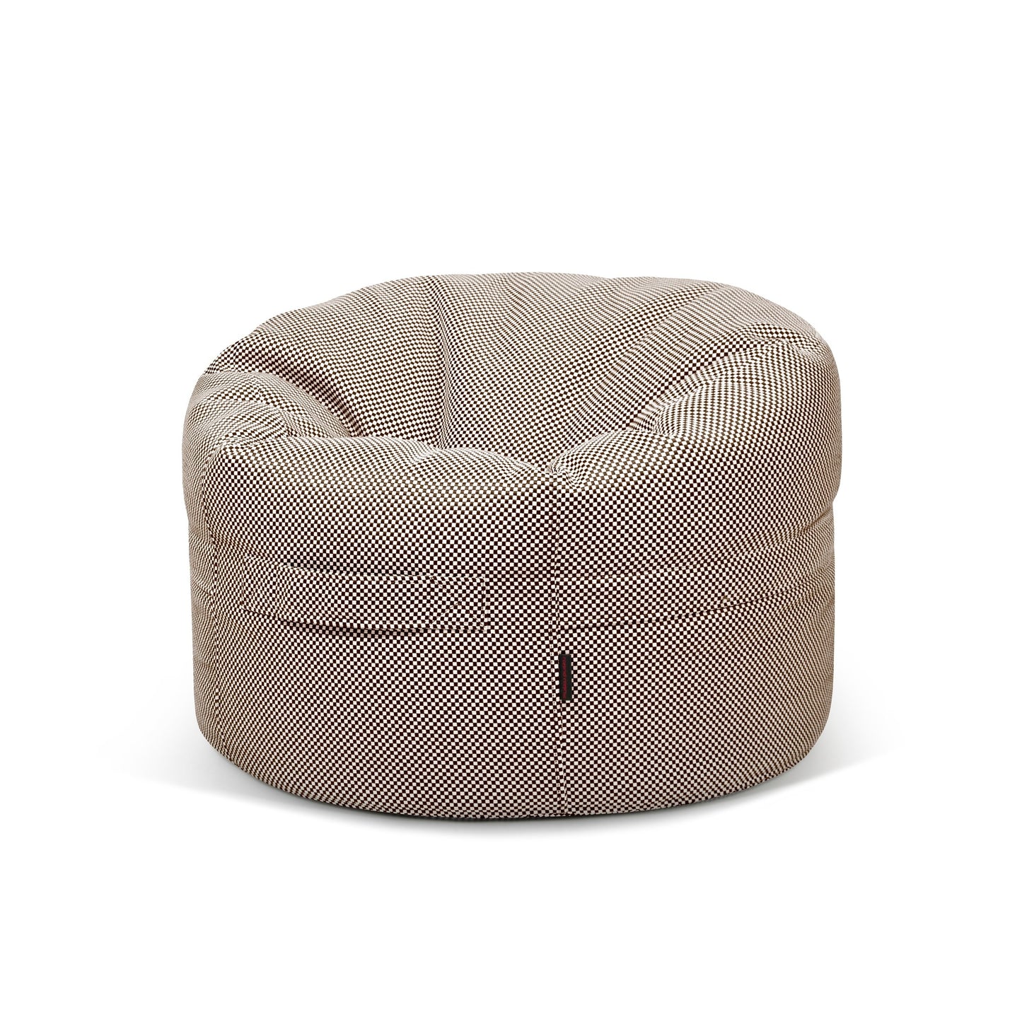 El Bean bag Roll 80 Capri - uso exterior es un sillón redondo de color beige con costuras, textura y etiqueta frontal, ideal como mueble cómodo o puf infantil. Se muestra sobre un fondo blanco liso.