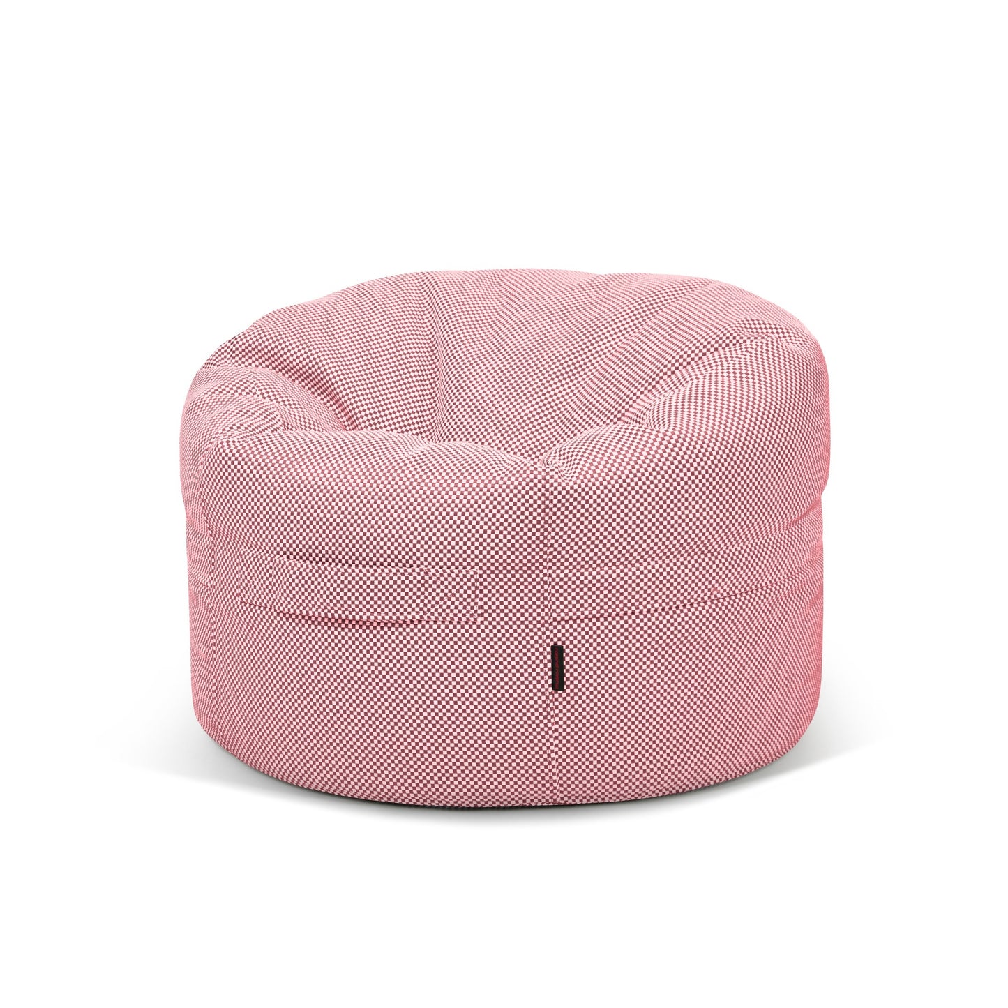 El Bean bag Roll 80 Capri - uso exterior es un bean bag redondo con un estampado rosa y blanco y una superficie suave y acolchada, que proporciona comodidad y se muestra sobre un fondo blanco liso.