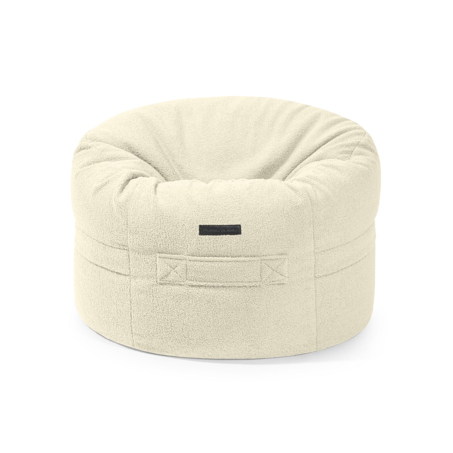 El Puff redondo de borreguito ROLL 80 TEDDY (80×80×35 cm) es un sillón bean bag redondo de color crema con suave tejido texturizado y asa cosida, ideal para añadir un acogedor confort a su salón o dormitorio.