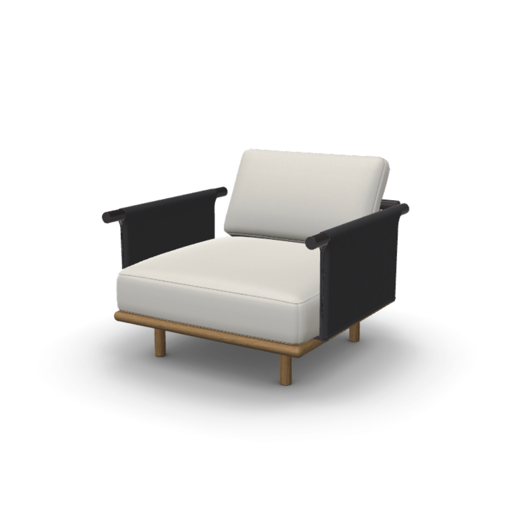 El sillón de exterior SAMBA, de teca y aluminio gris antracita (90 × 90 × 64 cm), moderno, con asiento y respaldo blanco, es ideal para relajarte en tu terraza o jardín. Presentado sobre un fondo blanco.