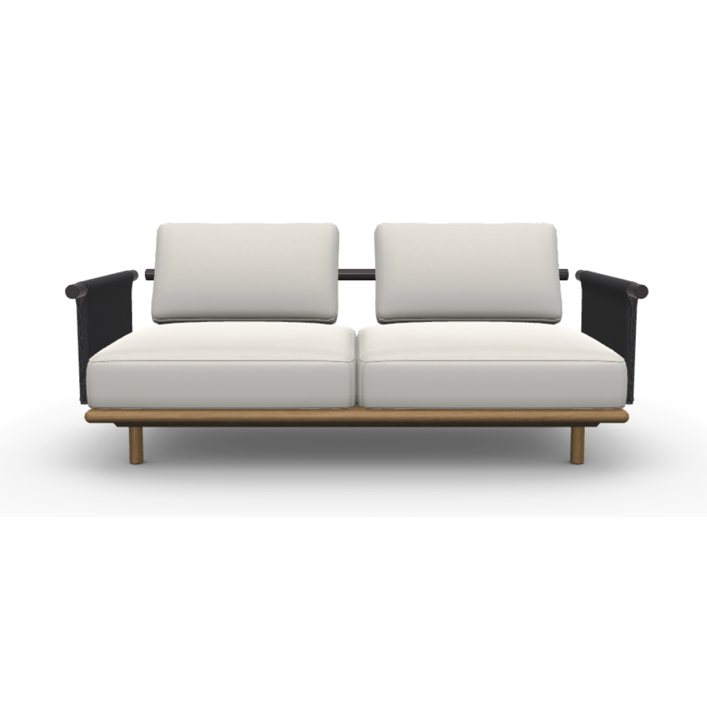 El Sofá 2 plazas exterior teca y aluminio gris antracita SAMBA (180×90×64 cm) cuenta con cojines blancos, reposabrazos negros y una base de madera, ideal para cualquier terraza jardín o zona exterior con estilo.