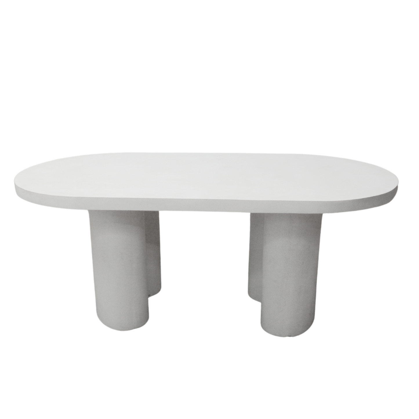 La mesa de comedor de cemento White Cement Oval es una mesa ovalada blanca con dos elegantes patas cilíndricas.