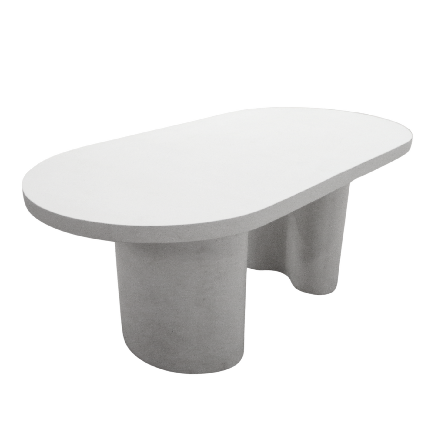 La mesa de comedor de cemento White Cement Oval es una mesa de comedor de forma ovalada que presenta una superficie lisa y dos patas anchas y curvas, todo elaborado en elegante cemento blanco para un toque moderno.