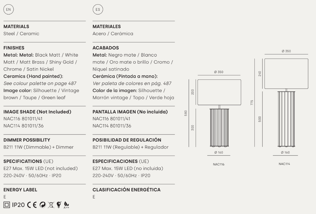 Ficha del producto Lámpara de mesa en Cerámica y Metal Sonica, con materiales, acabados, dimensiones, compatibilidad con bombillas, etiqueta energética e información reglamentaria en español e inglés.