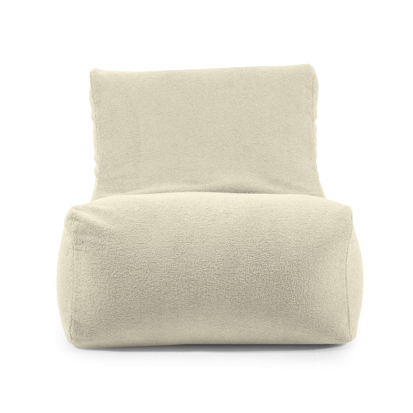El Bean Bag Seat 100 Teddy es un sillón sin brazos de color beige con tejido suave y texturizado y un cojín bajo y ancho para asiento ergonómico, que se muestra sobre un fondo blanco liso.