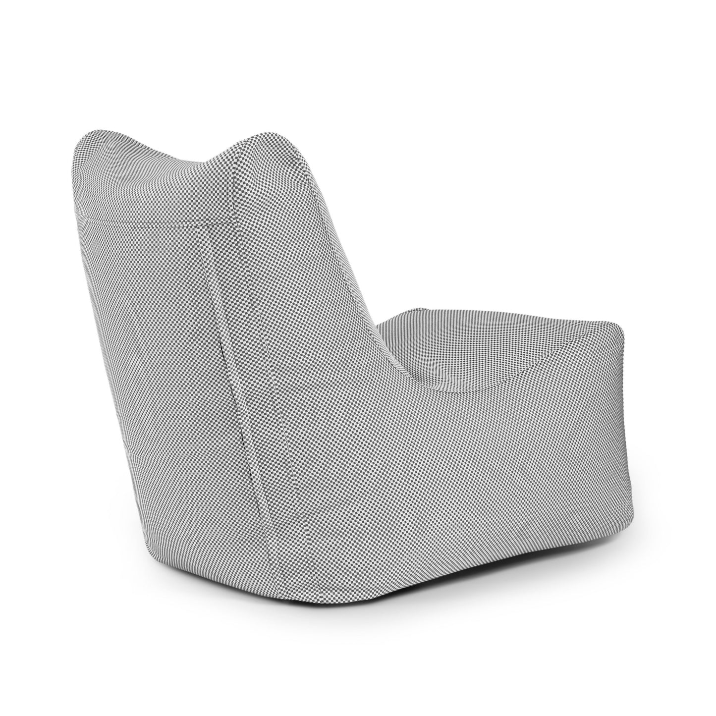 El Bean bag Seat Capri - uso exteriores es un sillón curvado de color gris con tejido texturizado para un apoyo y confort ergonómicos, mostrado de espaldas y de lado sobre un fondo blanco.