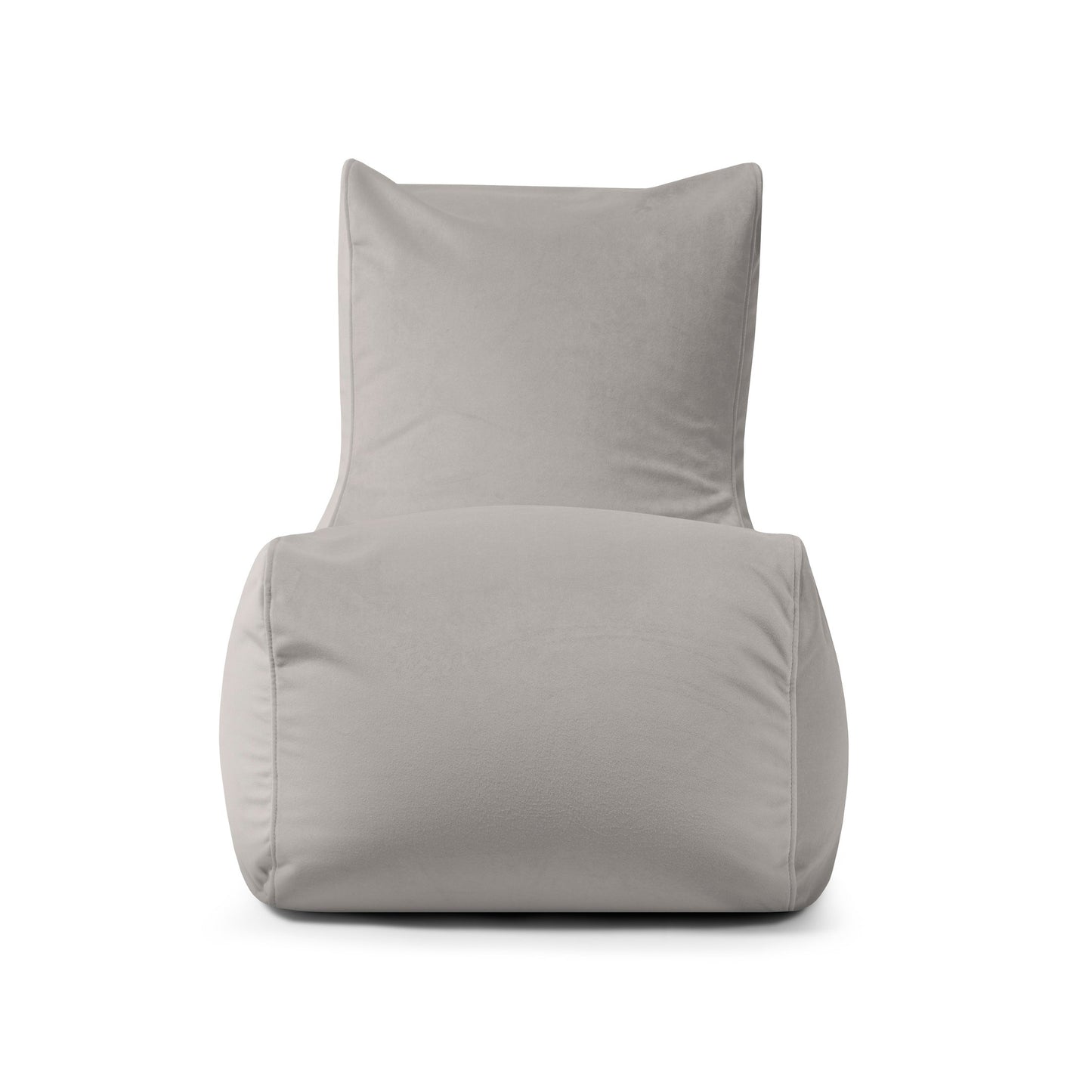 El Bean bag Seat Barcelona es un puff moderno de color gris claro con respaldo alto y forma cuadrada, que incorpora un asiento ergonómico. Se presenta de frente sobre un fondo blanco.