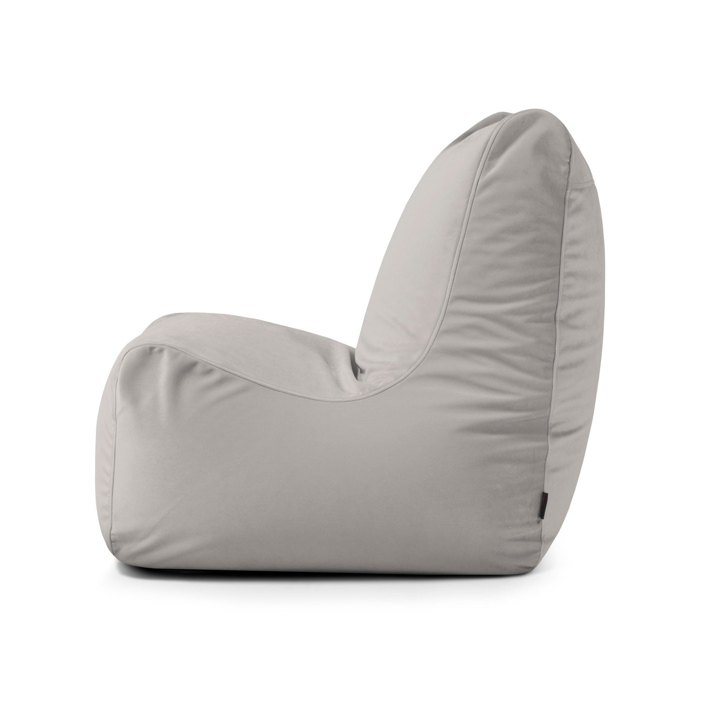 El Bean Bag Seat Barcelona en gris claro presenta un respaldo alto y un tejido suave, diseñado como asiento ergonómico, y se muestra de perfil sobre fondo blanco.