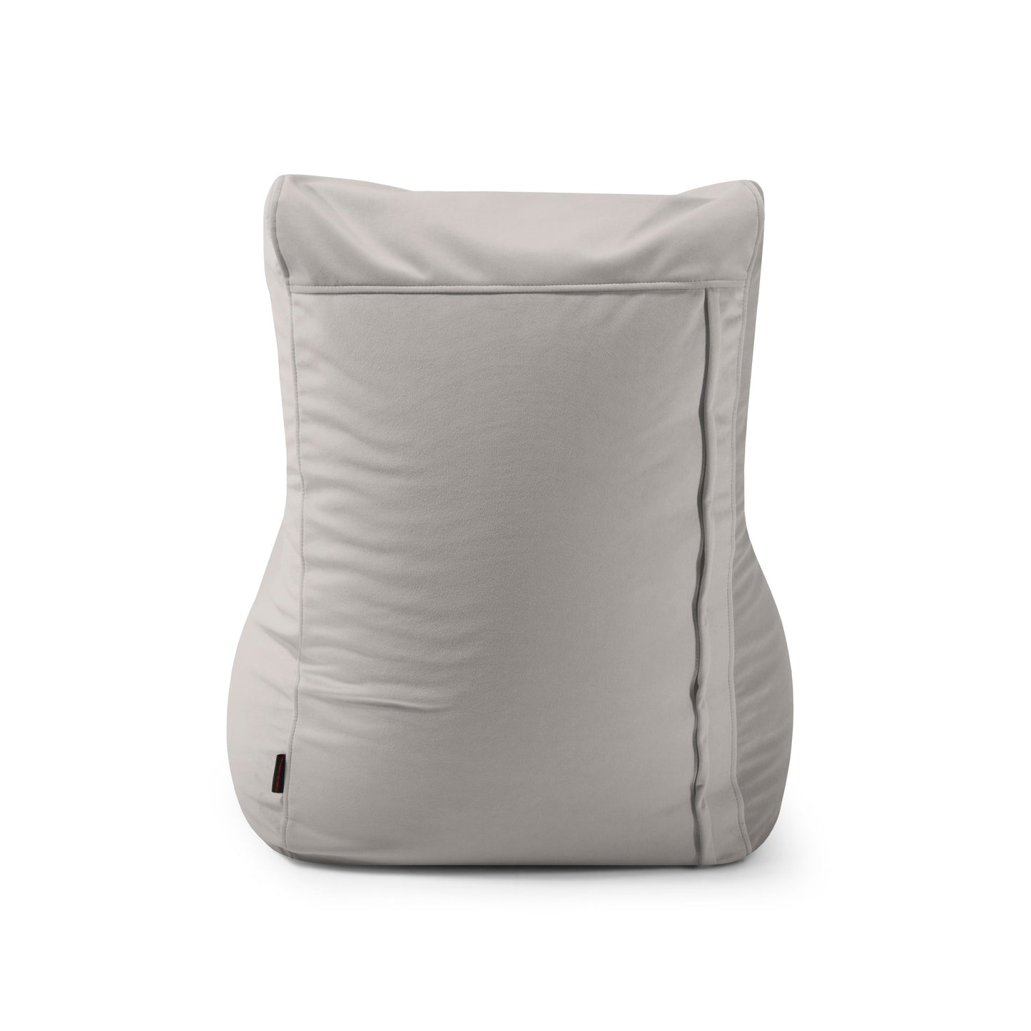 El Bean bag Seat Barcelona es un asiento vertical de color gris claro con una funda de tela lisa, que se muestra de espaldas sobre un fondo blanco liso.