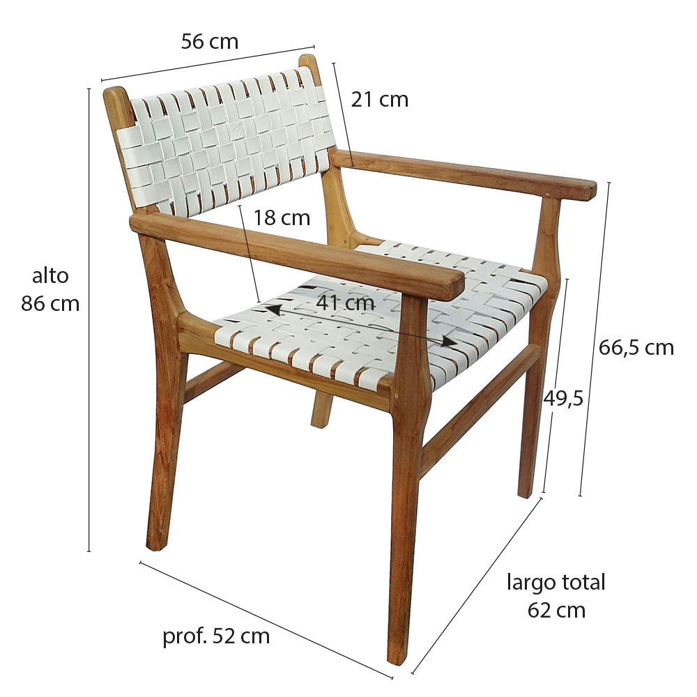 La Silla de comedor en madera de Teca y Cuero Blanco Zoe W/ A tiene un elegante diseño contemporáneo con dimensiones: alto 86 cm, ancho 56 cm, fondo 52 cm, altura del respaldo 66,5 cm, área de asiento de 41 cm por 49,5 cm y altura del reposabrazos de 21 cm.