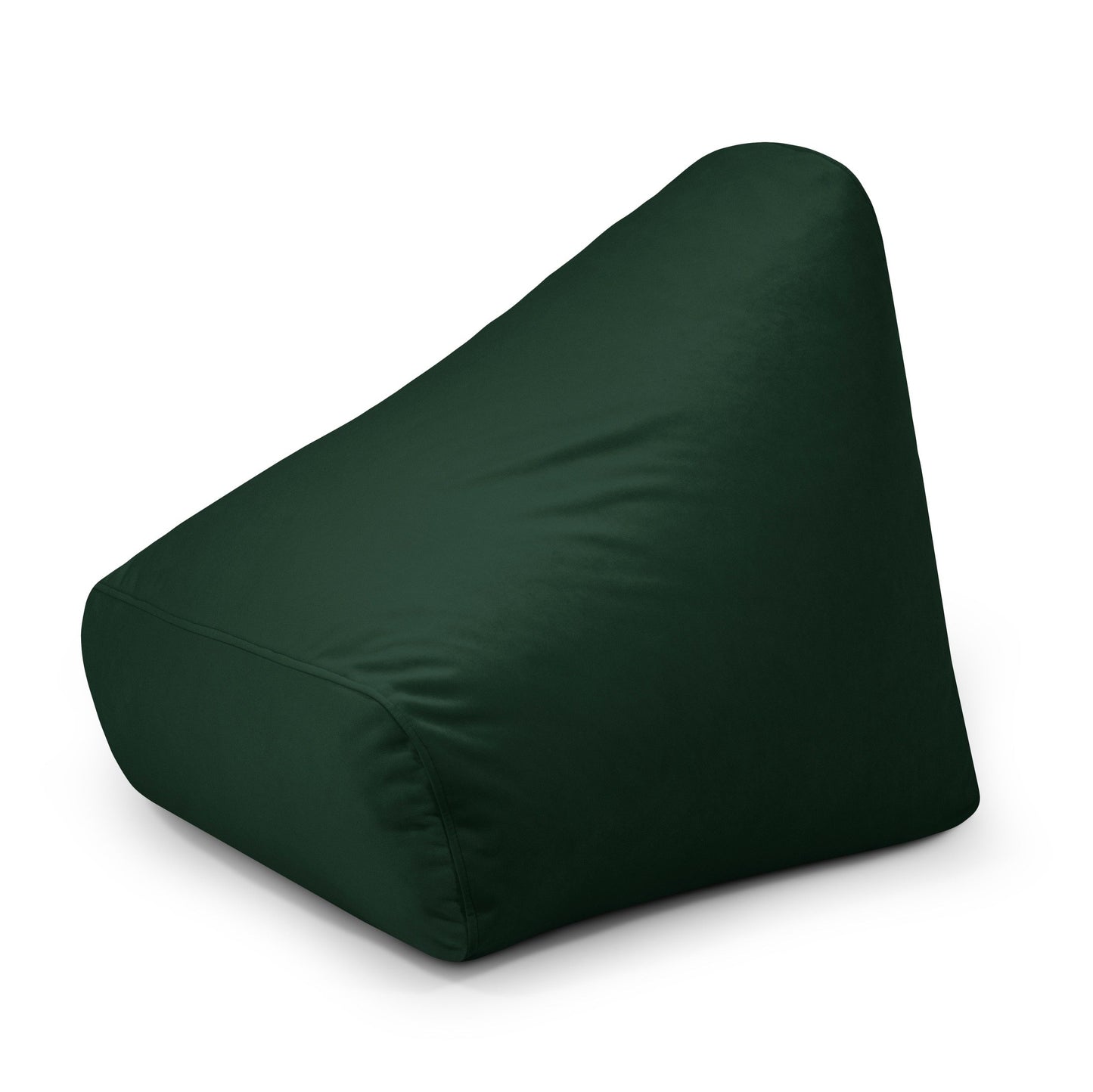 Se muestra un Foam Bean Bag triangular verde oscuro de la colección SNUG 80 BARCELONA (terciopelo y espuma, 80×90×70 cm) sobre fondo blanco, ideal para dormitorios infantiles o salas de juegos.