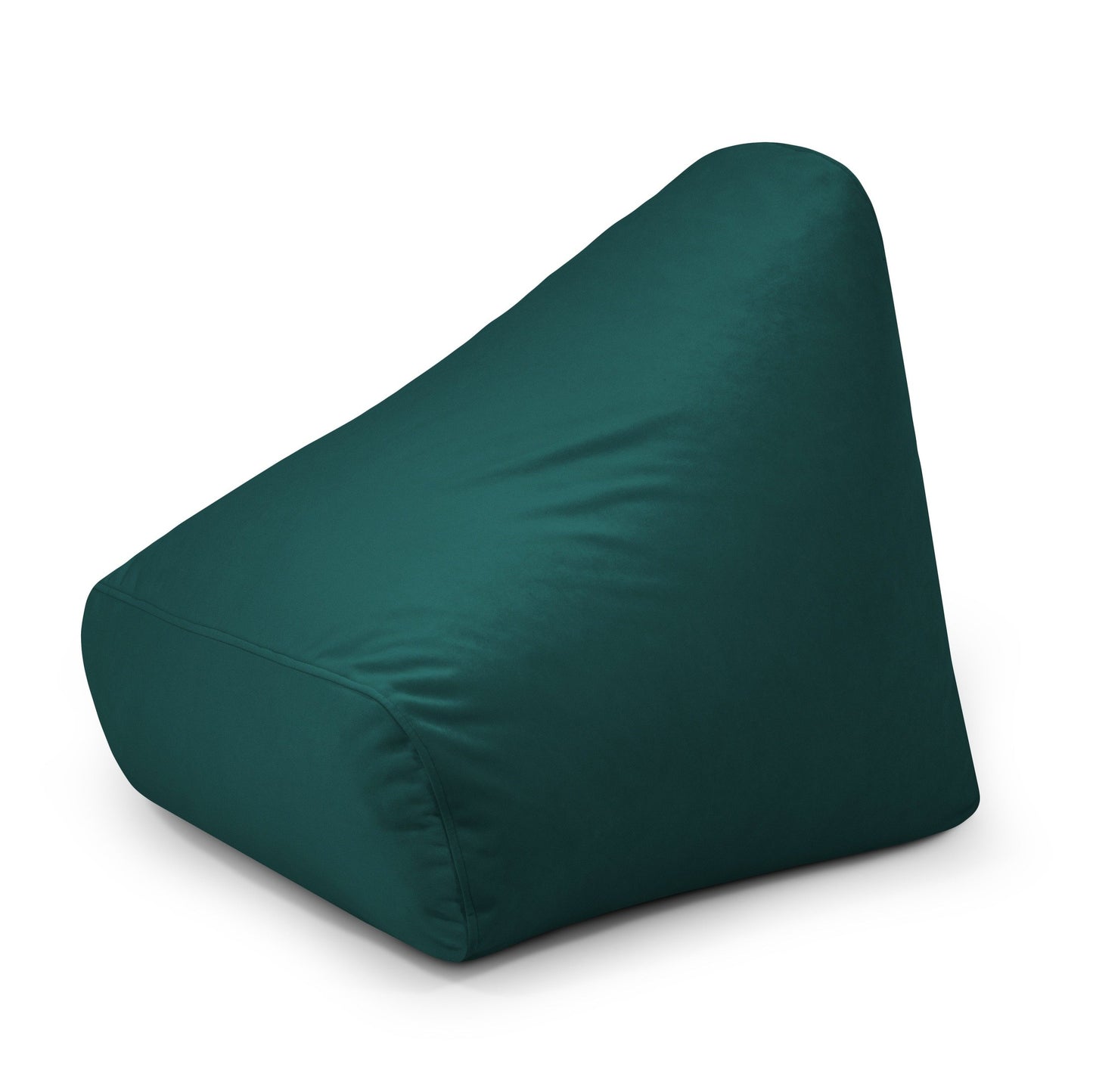 Un SNUG 80 BARCELONA bean bag puff infantil de terciopelo y espuma (80×90×70 cm) de color verde oscuro, de forma triangular con superficie de tela lisa sobre fondo blanco, ideal para dormitorio o sala de juegos.