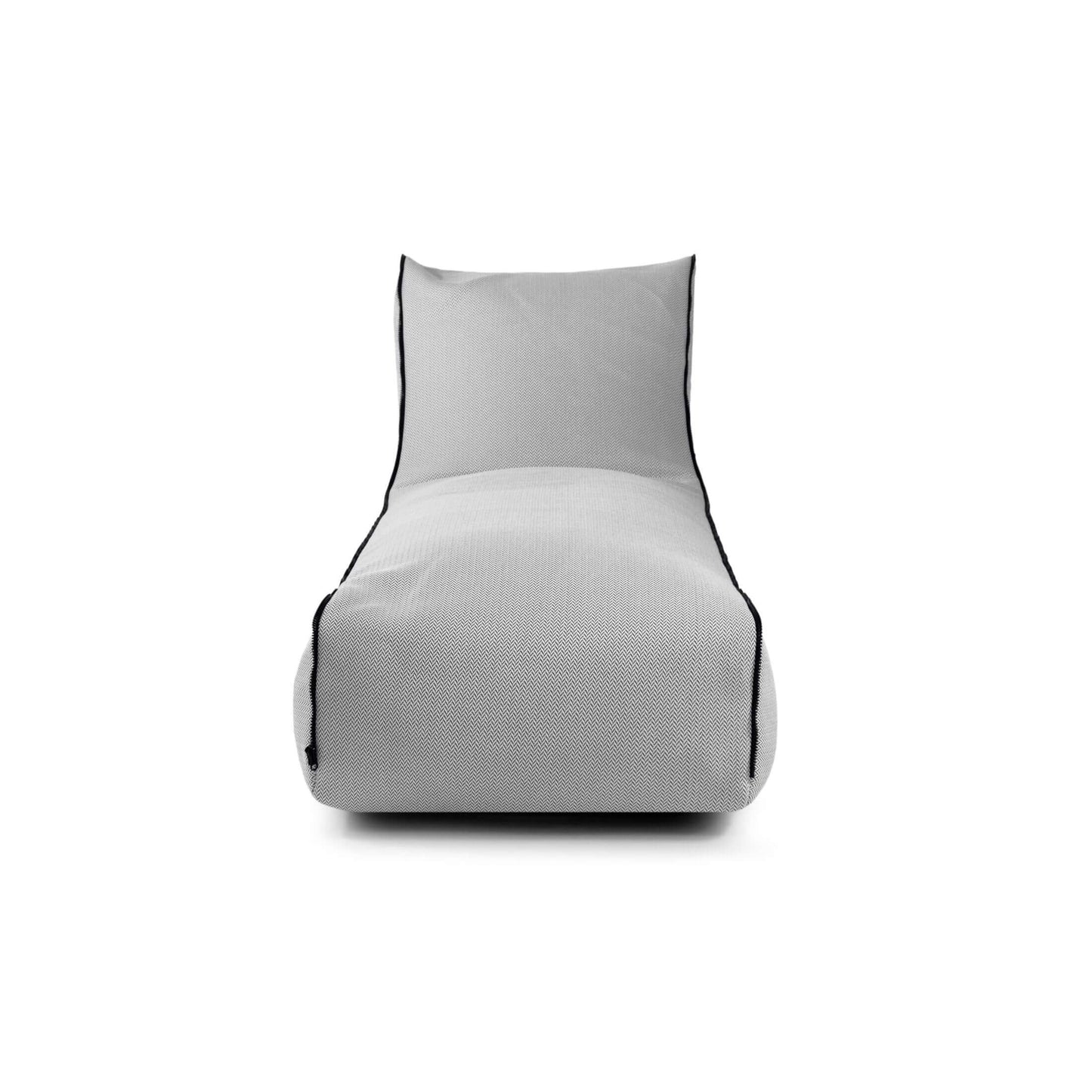 La tumbona Bean bag Zip Canaria es una tumbona moderna y minimalista de color gris con ribetes negros, inspirada en el estilo puff tumbona, fotografiada de frente sobre un fondo blanco. Ideal para espacios contemporáneos de exterior o interior.