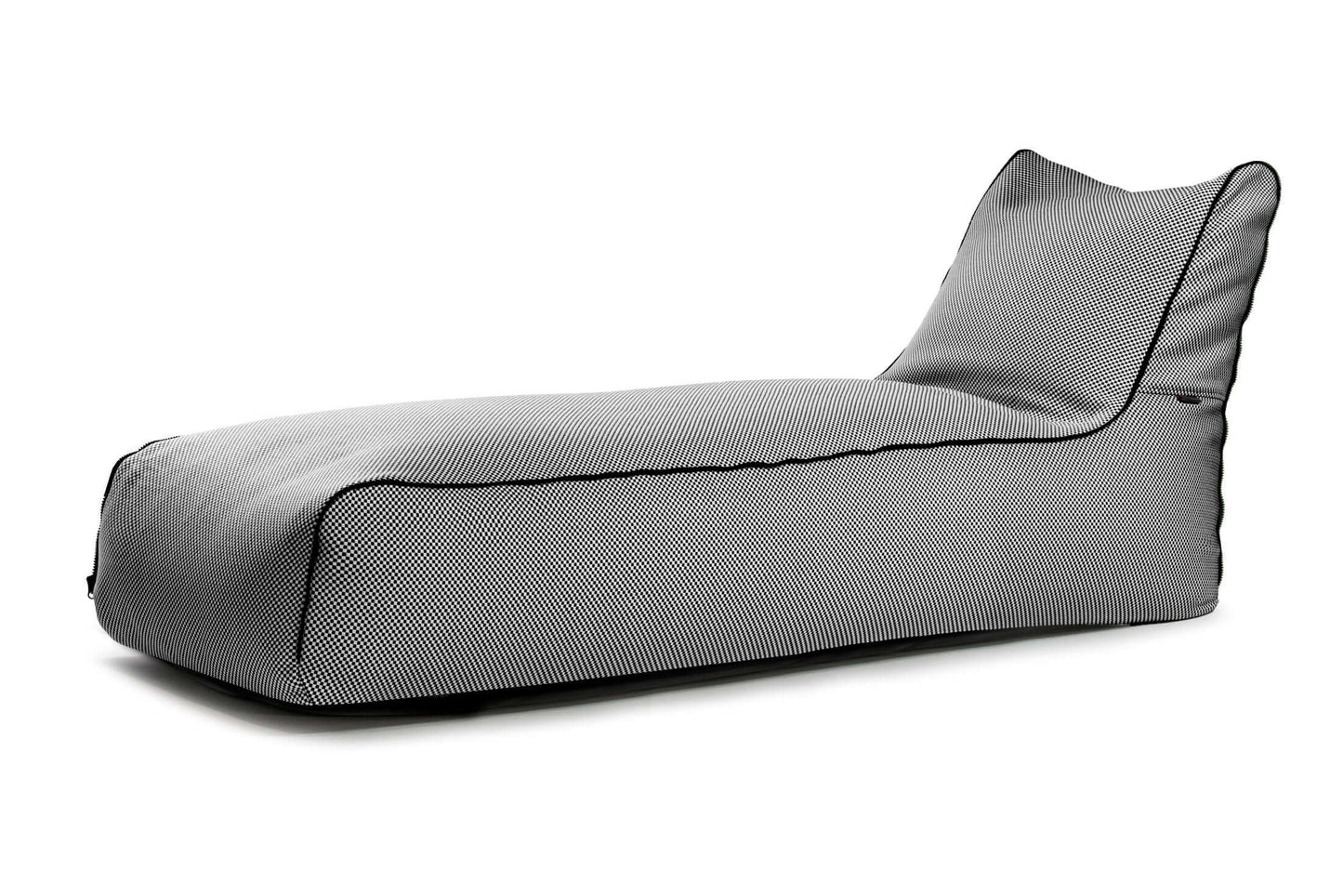 El Bean Bag Sunbed Zip Capri - uso exterior presenta un diseño gris y moderno con un respaldo alto y un tejido suave y texturizado, que proporciona una experiencia de asiento exterior ergonómica y cómoda.