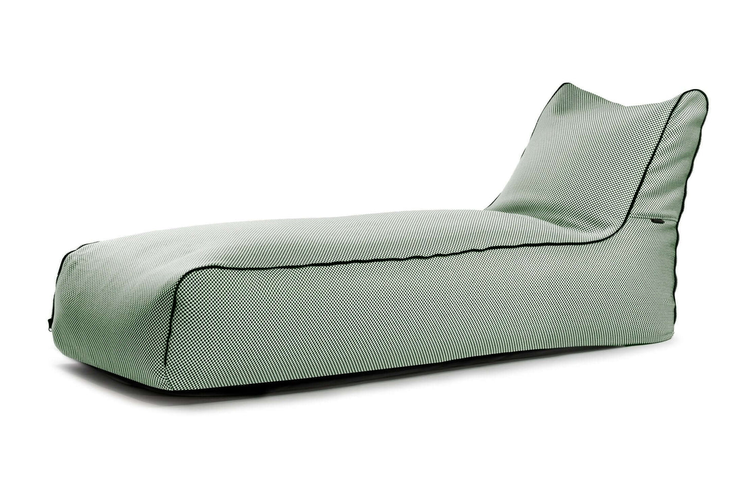La Bean Bag Sunbed Zip Capri - uso exterior es una moderna tumbona de color verde claro con funda de tela texturizada y diseño ergonómico de perfil bajo.