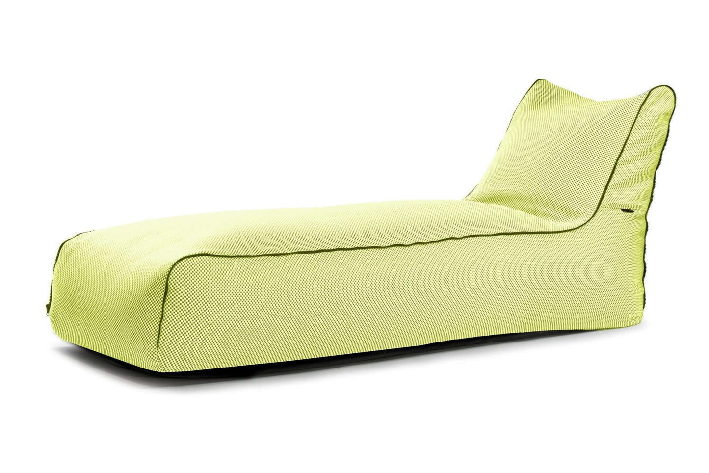La Bean Bag Sunbed Zip Capri es una tumbona de tela verde lima para exteriores, con un diseño moderno y sencillo, respaldo ligeramente inclinado y asiento ergonómico para mayor comodidad.