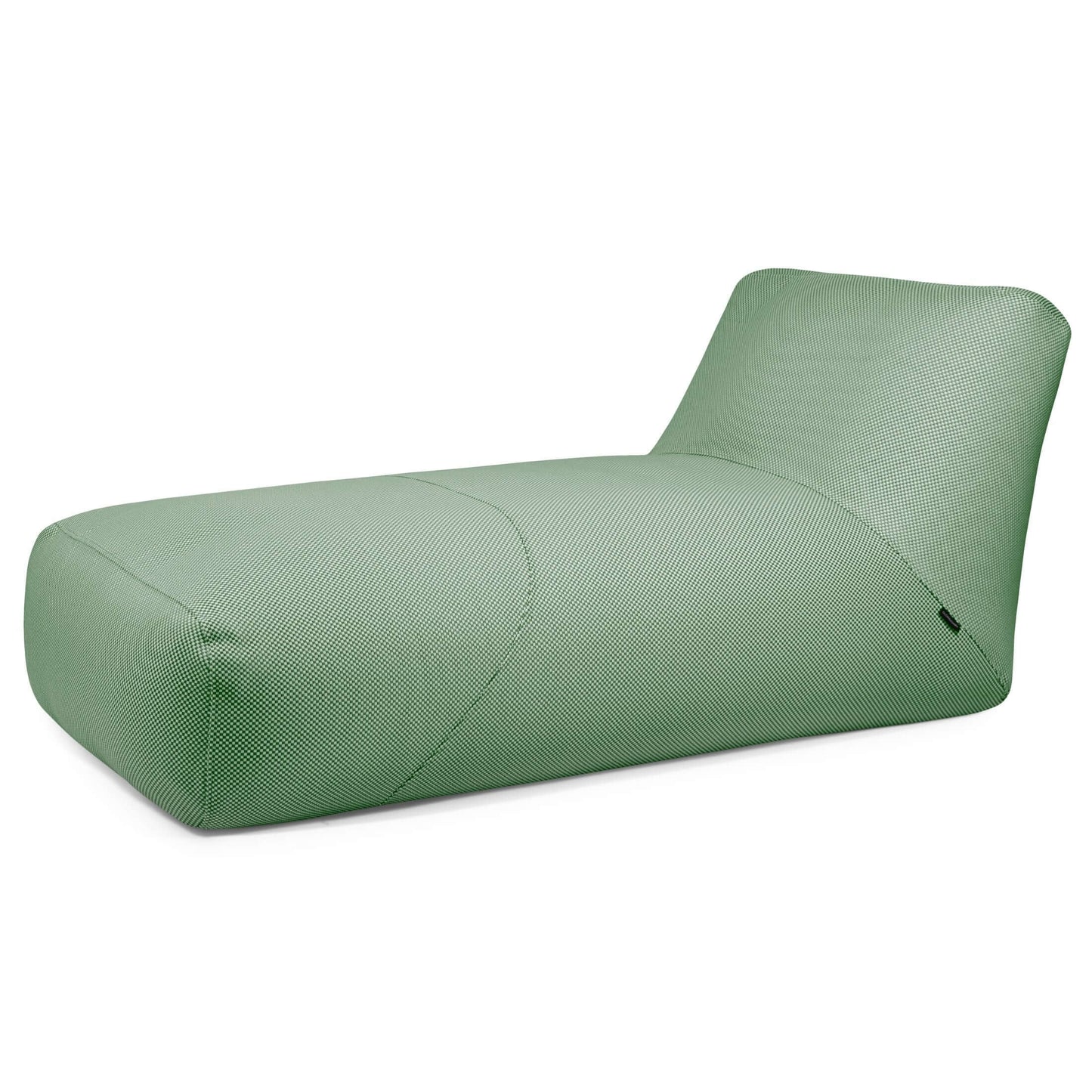 La Bean bag Tube 100 Daybed Capri - uso exterior es una moderna y minimalista tumbona verde de perfil bajo y bordes redondeados, tapizada en tejido texturizado para ofrecer el máximo confort y estilo, perfecta para uso exterior.