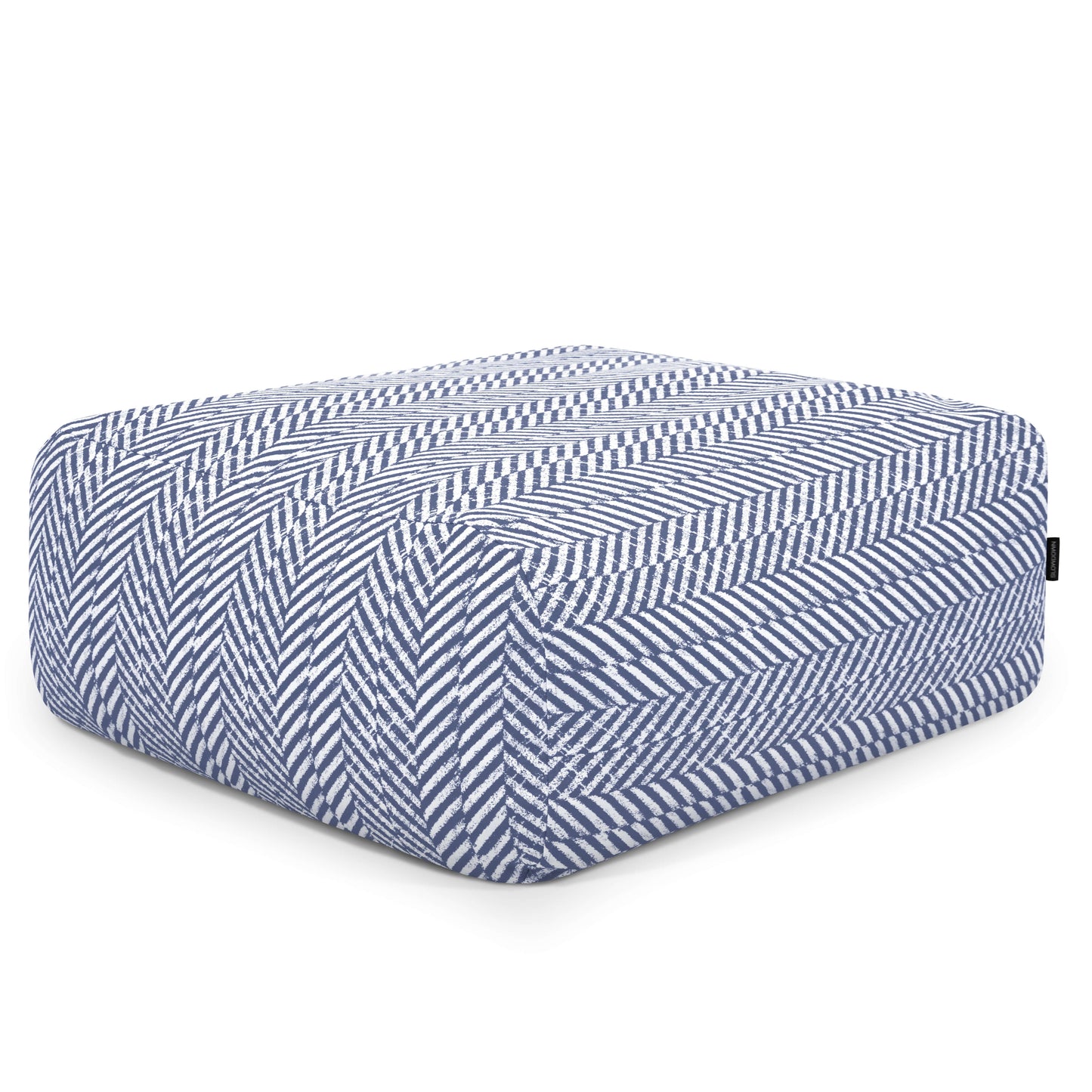 Pouf cuadrado con tejido estampado lavable y resistente al sol (85×85×38 cm), sobre fondo blanco liso. Un moderno puf TUBO 80 ZARZUELA que añade confort y elegancia a cualquier habitación o espacio exterior.