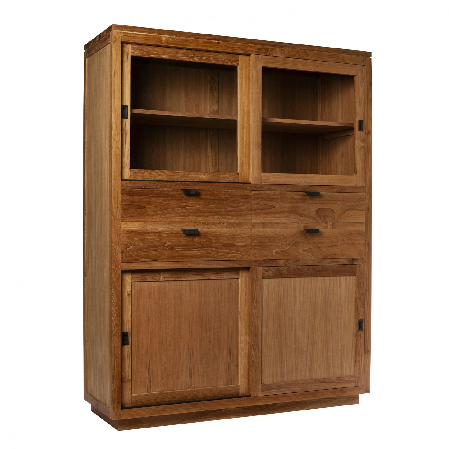 La Vitrina en Madera de Teca Gecko es un robusto mueble de madera con dos estantes abiertos, dos puertas corredizas en la parte inferior y dos cajones horizontales en el medio.