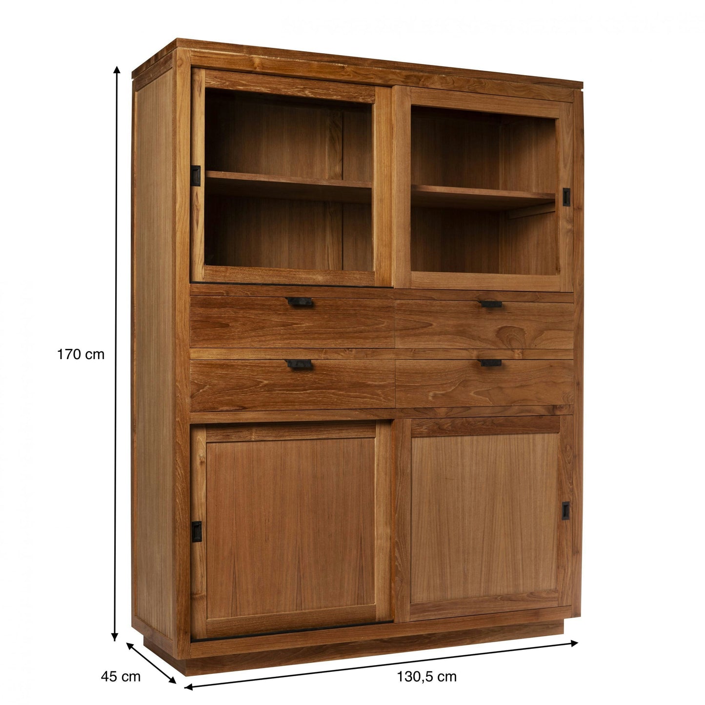 Vitrina en Madera de Teca Gecko con un diseño robusto y elegante, incluye estantes abiertos, cajones y puertas corredizas. Dimensiones: 170 cm de alto, 130,5 cm de ancho y 45 cm de profundidad.