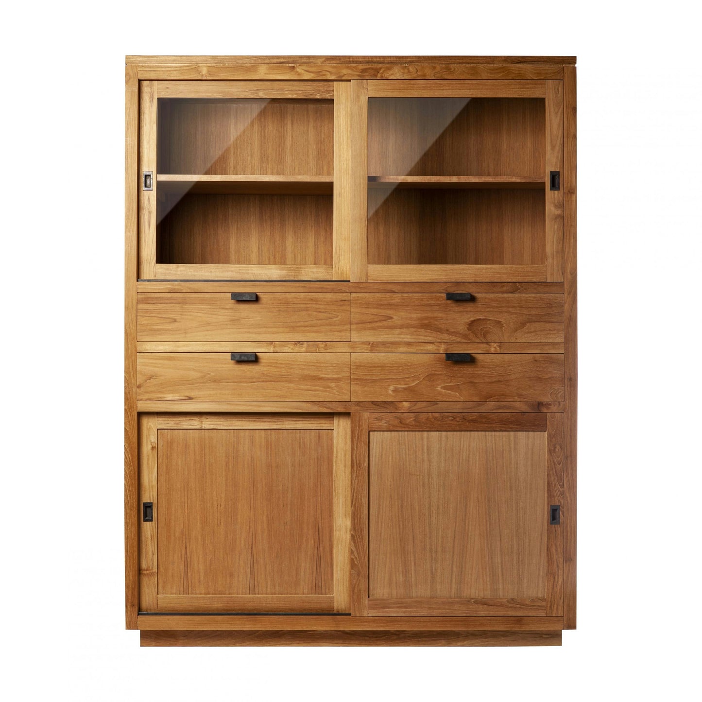 La vitrina en madera de teca Gecko presenta un diseño robusto y elegante con dos puertas superiores con paneles de vidrio, dos cajones intermedios y dos puertas inferiores sólidas. Fabricada con madera de teca de primera calidad, combina a la perfección la funcionalidad con un estilo atemporal.