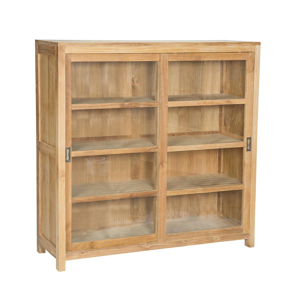 La Vitrina en Madera de Teca y Cristal Consul presenta un diseño minimalista con seis compartimentos y elegantes puertas correderas de cristal.